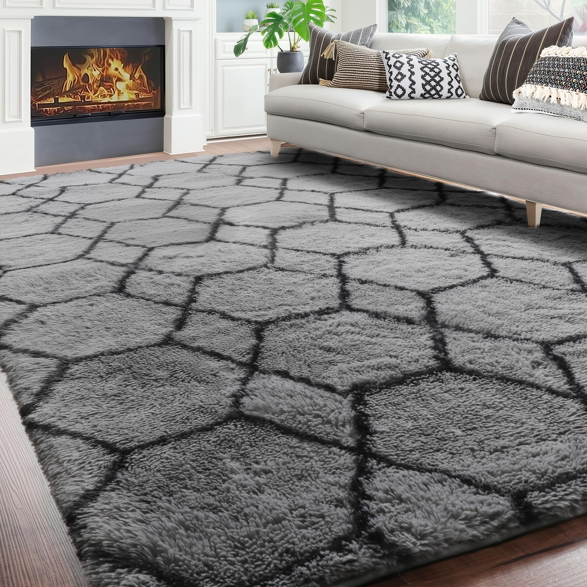 ONASAR 6x9 Area Rugs for Living Room Bedroom, Large Fluffy Grey and Black Throw Rug, Geometric Soft Plush Shaggy Fuzzy Floor Carpet for Nursery Kids Girls Boys Teen Dorm Home Office Decor Aesthetic