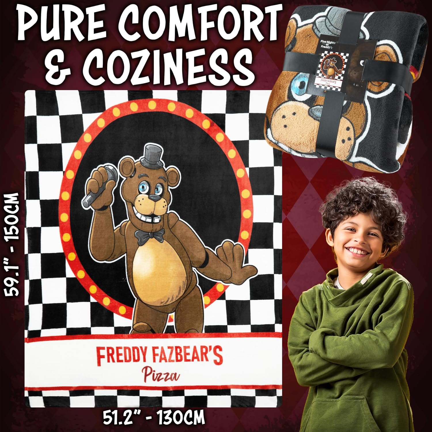 Get Trend Five Nights at Freddy’s Fleece Throw Blanket, Soft Cozy 59 x 51 Inch, Gaming Bedding Couch Bed Sofa Decor, FNAF Gifts for Gamers (Black FNF)