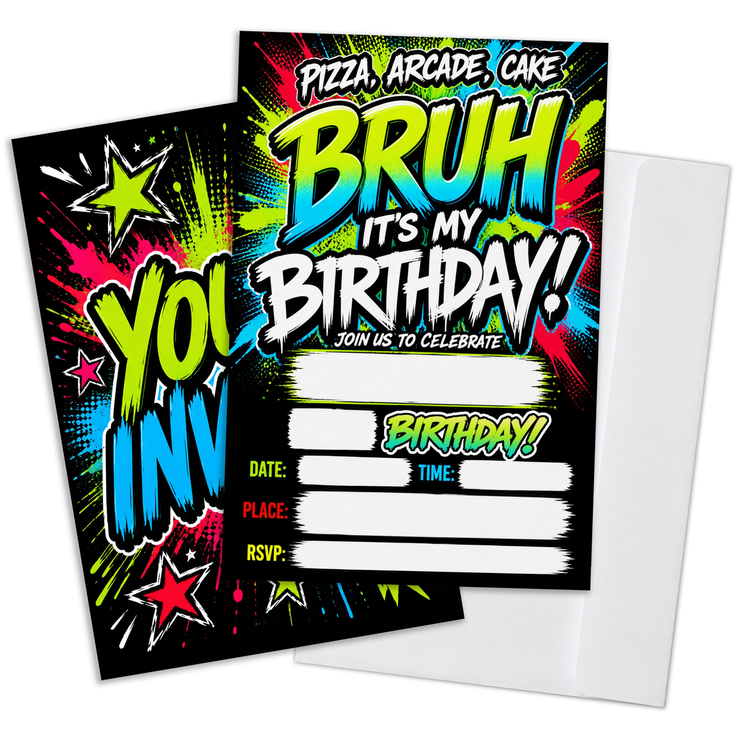 Qoamp Bruh Birthday Party Invitations for Boys, Neon Graffiti Style Games Boys Birthday Invitations, 20 Double-Sided Birthday Invites Cards with Envelopes, 4x6 Inches