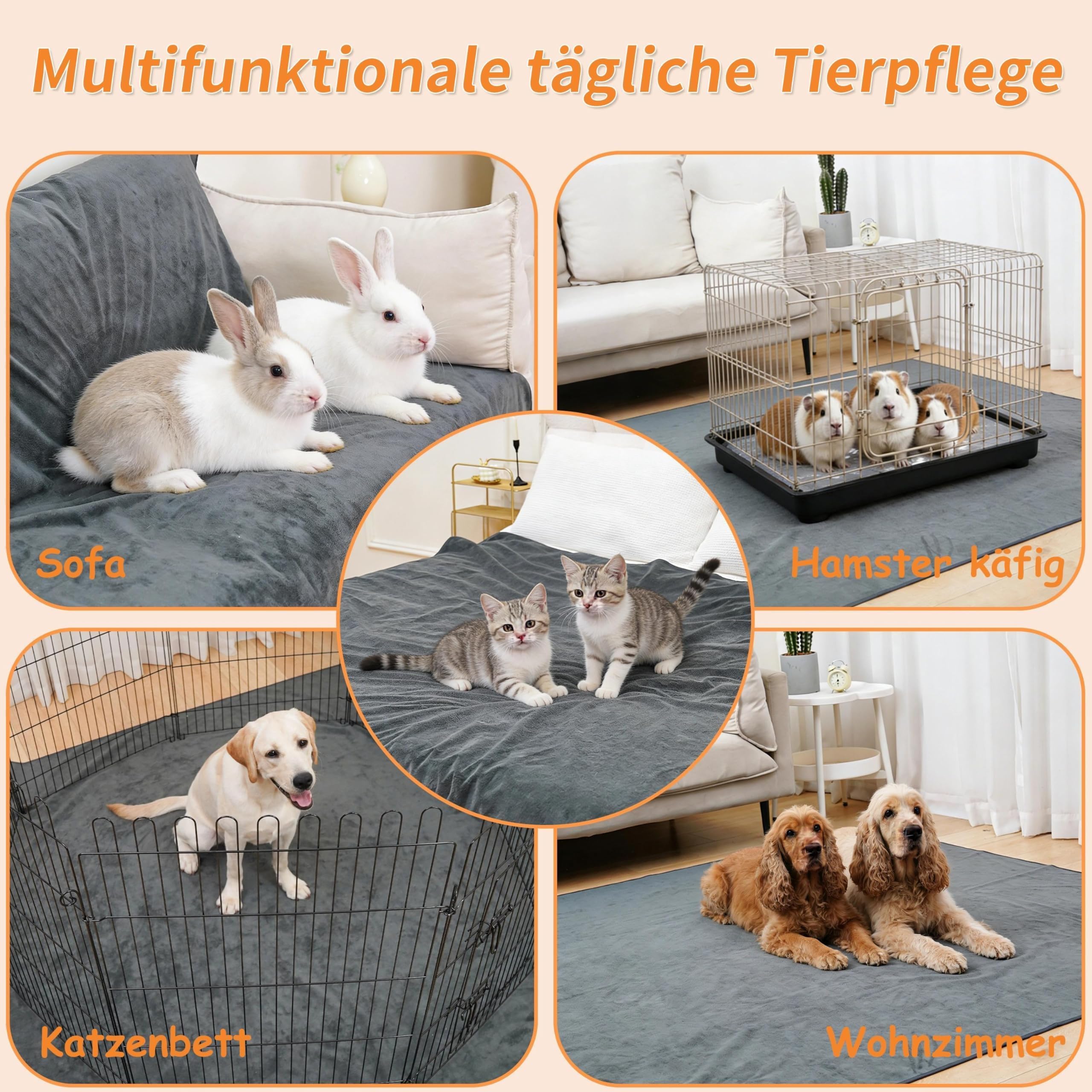 Bunlitent Waschbare Hundepads 165x122 cm 3er Set, Waschbare Haustier-Urinunterlage Schnell Absorbierend, Wasserdicht für Welpen & Inkontinente Hunde, Stubenreinheit & Training, Grau