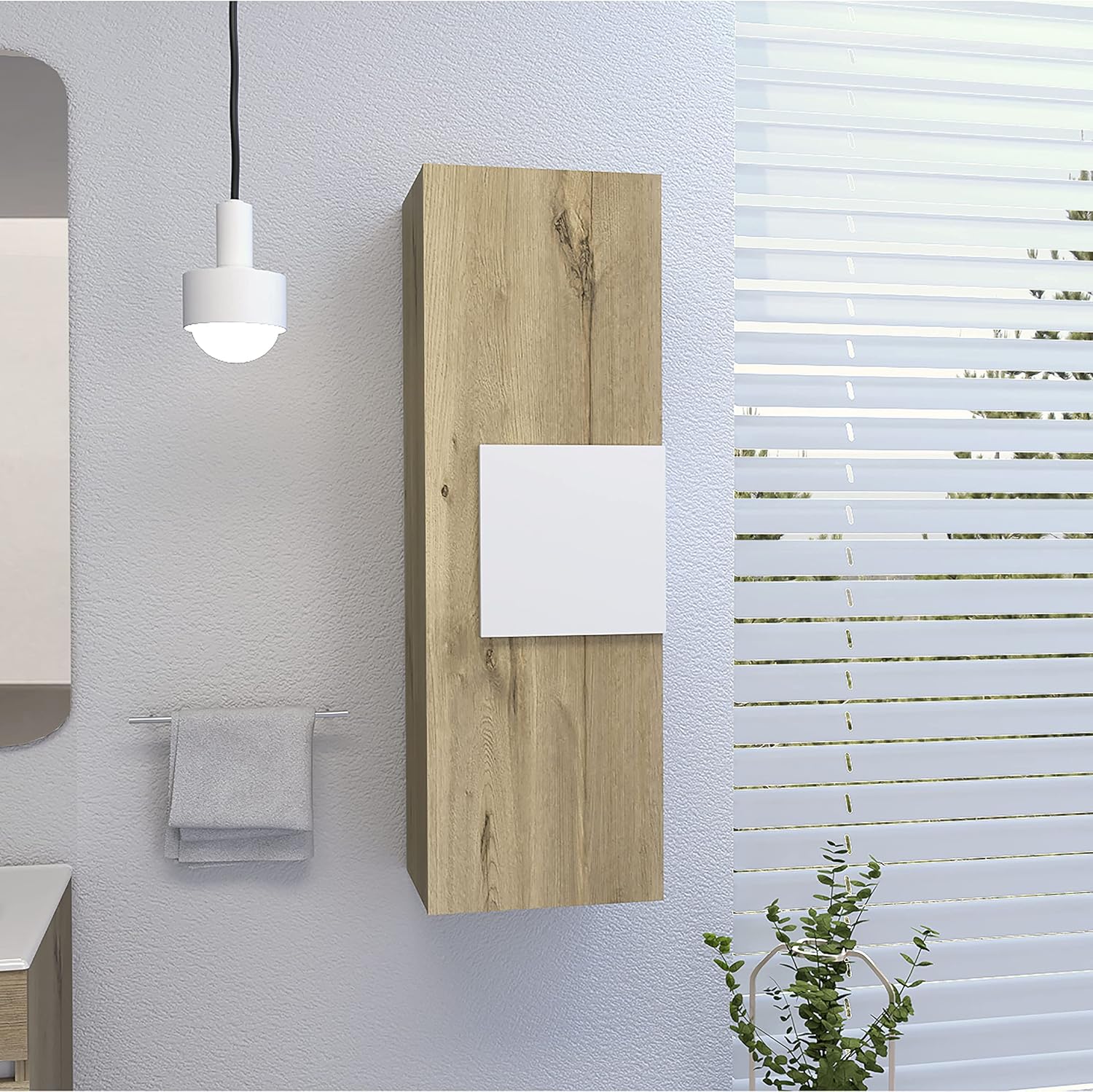 Medicine 38H Single Door Cabinet, 3 Shelves, Light Oak/White