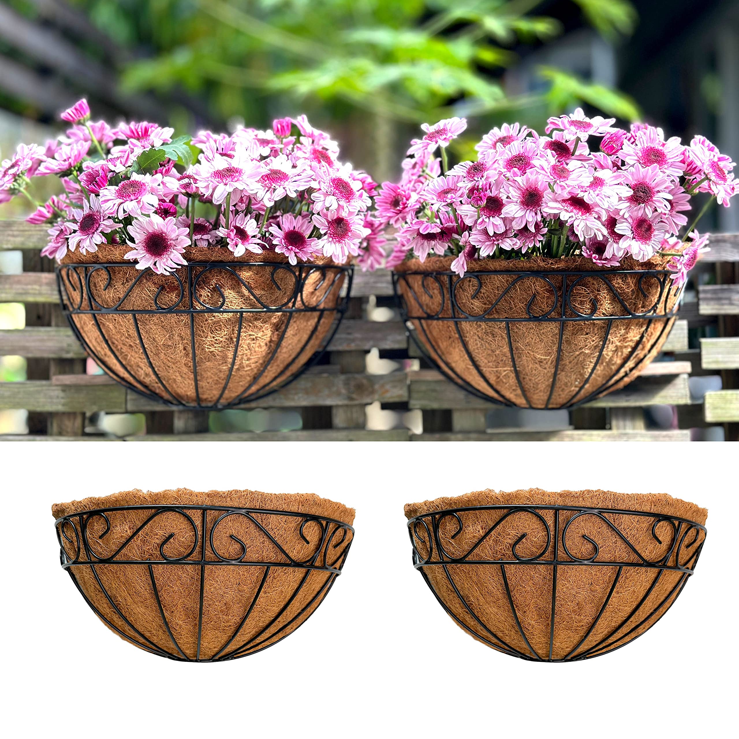 LaLaGreen 16 Inch Wall Hanging Planters - 2 Pack, Large Wall Mounted Flower Basket with Coco Liner, Black Metal Horse Trough Window Herb Pot Holder Outdoor Plants Fence Rail Railing Deck Porch Balcony