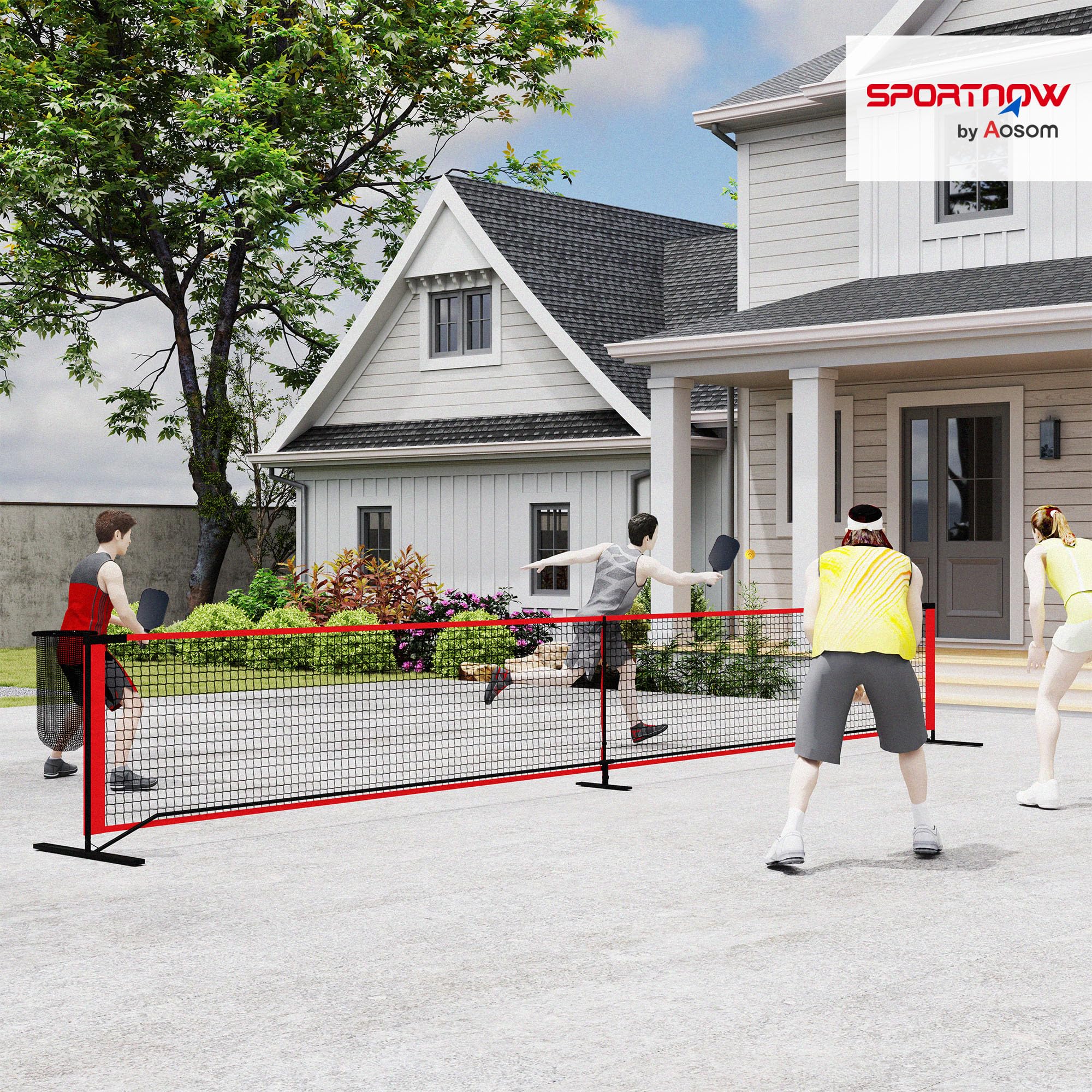 SPORTNOW Pickleball-Netz tragbares Set, 6,7 m Pickleball-System mit Netz, Ballaufsammler, Vier Bälle, Spielfeldmarkierungs-Set und Tragetasche für Auffahrt Outdoor