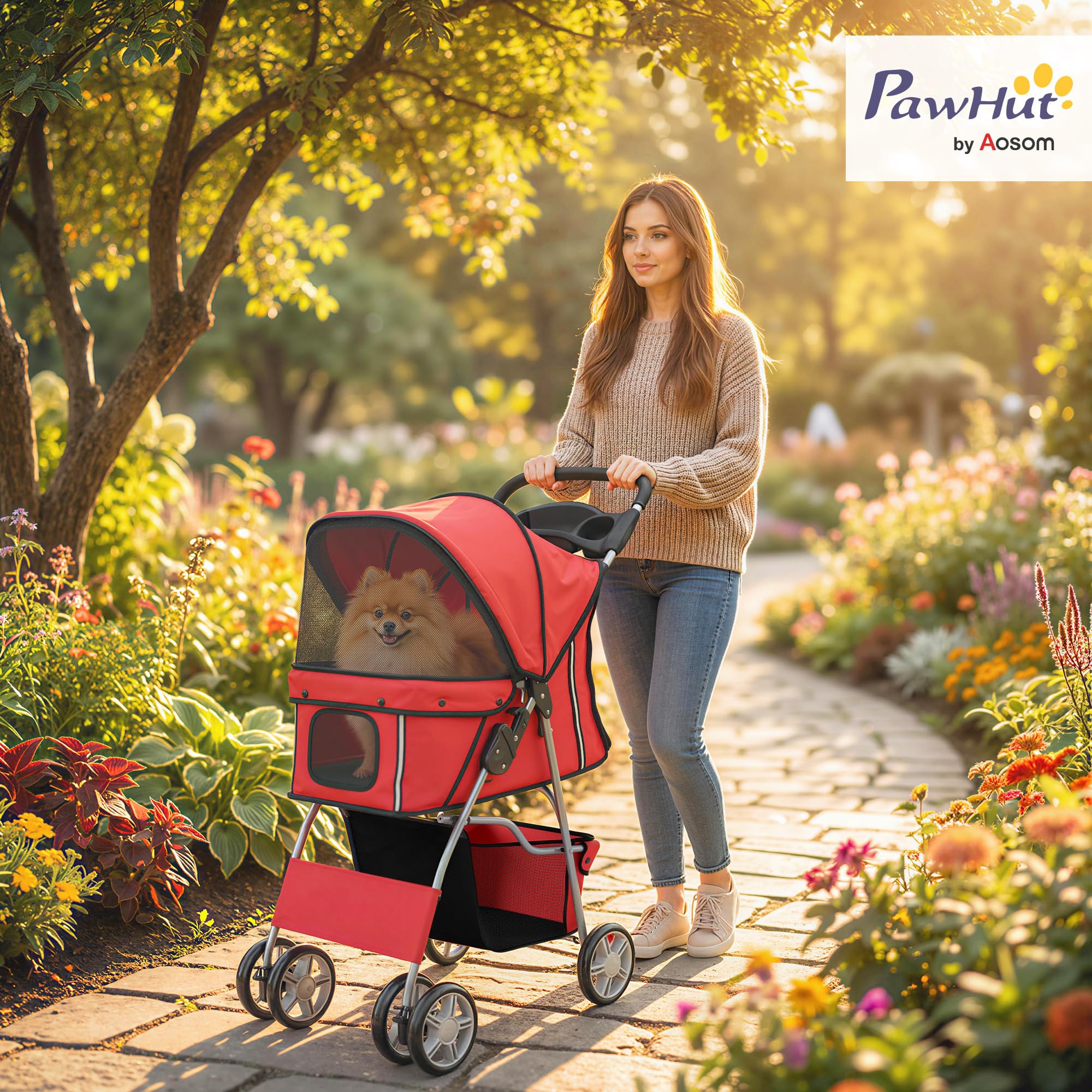 Poussette Buggy Pliable Animaux, Chariot Pliante Imperméable pour Chien et Chat, Toit Amovible Incluse, Porte-Gobelet, Panier de Rangement, Roues avec Frein, Tissu 600D Oxford, Acier, Rouge