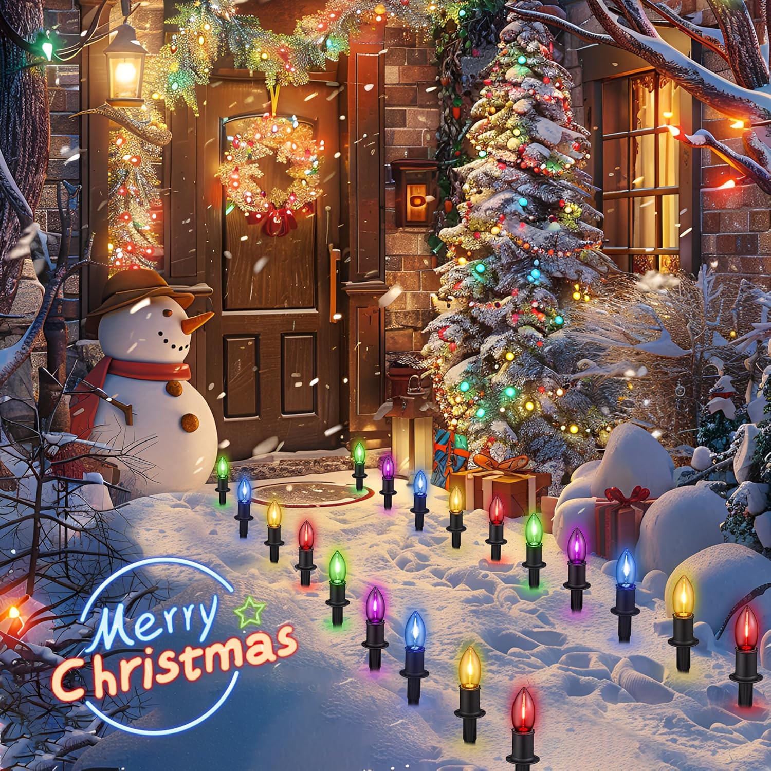 C9 Christmas Pathway Lights Outdoor - 24.2 Feet 20 LED String Lights with Stakes, Waterproof Connectable Christmas Path Lights for Yard, Garden, Walkway, Driveway, Sidewalk Decoration, Multicolored