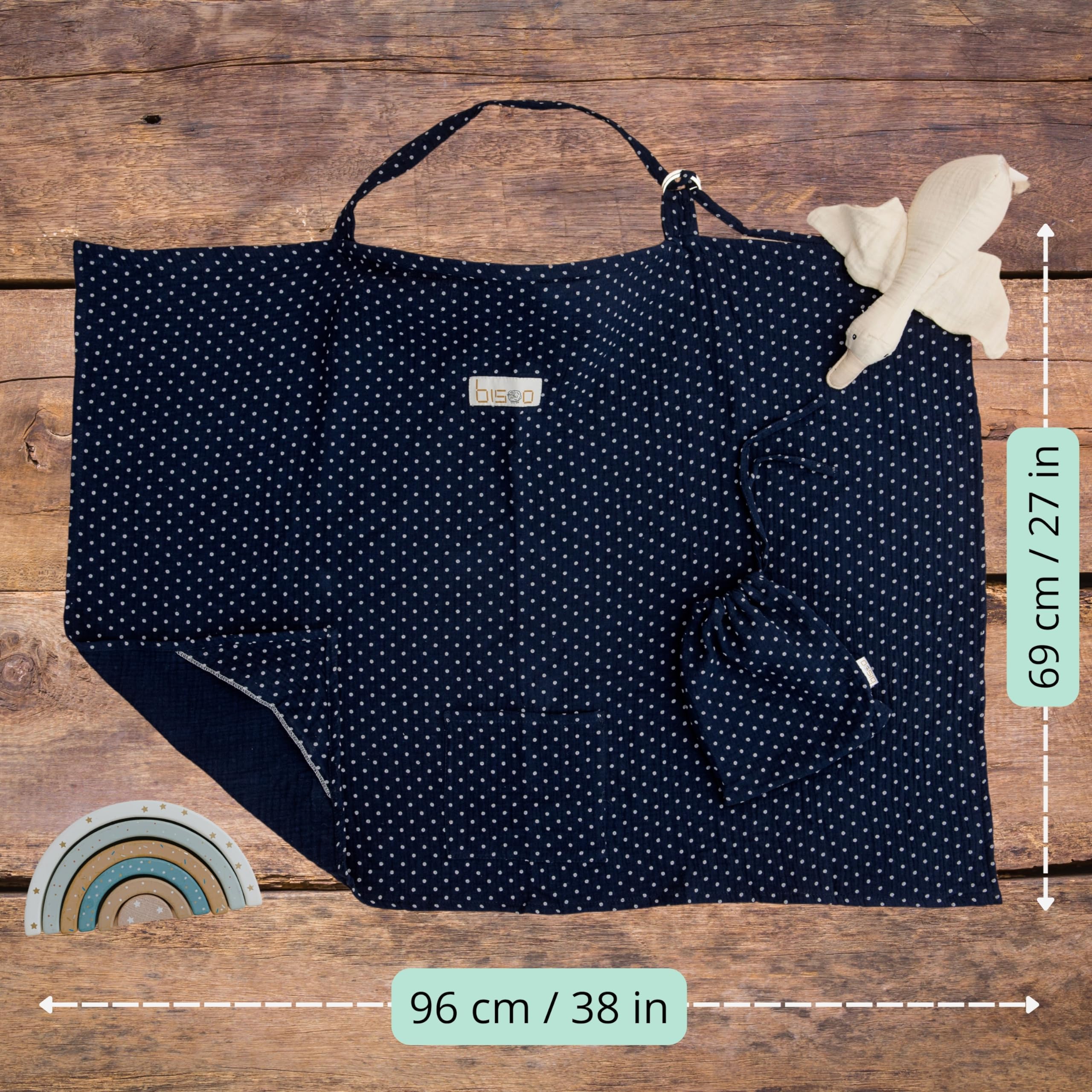 Bisoo Cape d' Allaitement Réglable en Mousseline 100% Coton - Couverture avec Sac Inclus - Confort, Respirante, Doux et Polyvalente - Bleu Marine