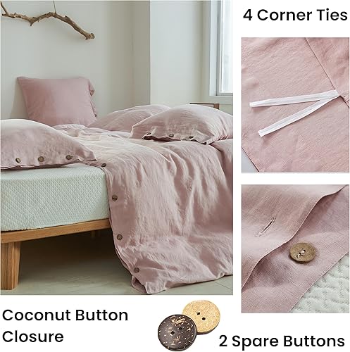 Miniatura 3 de Simple&Opulence - Juego de funda de edredón 100 % lino, 3 piezas con cierre de botón de coco, de lino francés lavado, color liso, suave,