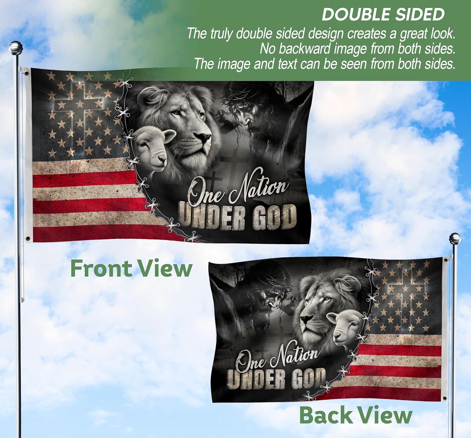 One Nation Under God Flag, Jesus Flags For Outside, Double Sided Jesus American Flag, 2 Brass Grommets 4 (36x60)