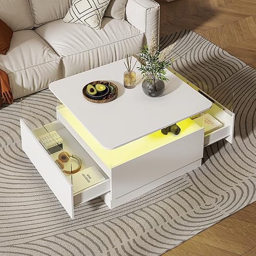 Miniatura 12 de Mesas de centro redondas con almacenamiento, mesa de centro moderna para sala de estar, mesas de centro cuadradas negras y 2 cajones espaciosos,