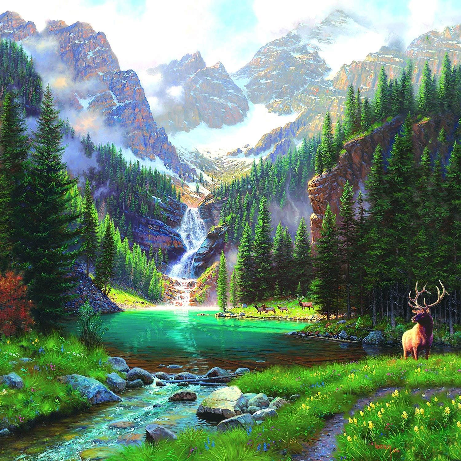 SUNSOUT INC - Elk at the Waterfall - 1000 pc Jigsaw Puzzle by Artist: Mark Keathley - Finished Size 26" x 26" - MPN# 52982