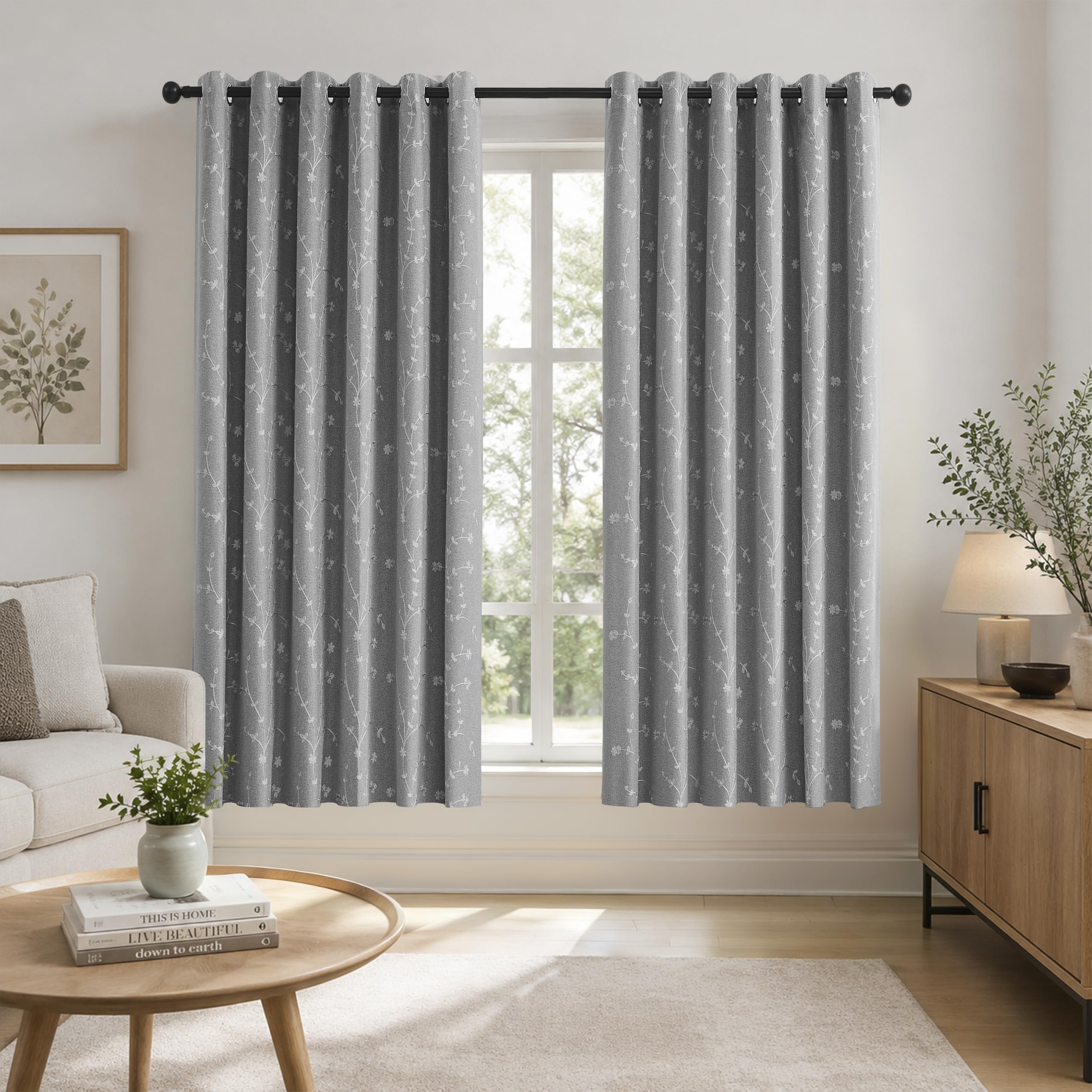 Bujasso Grey Embroidered Floral Blackout Curtains 90"x72" Grommet 2 Panels