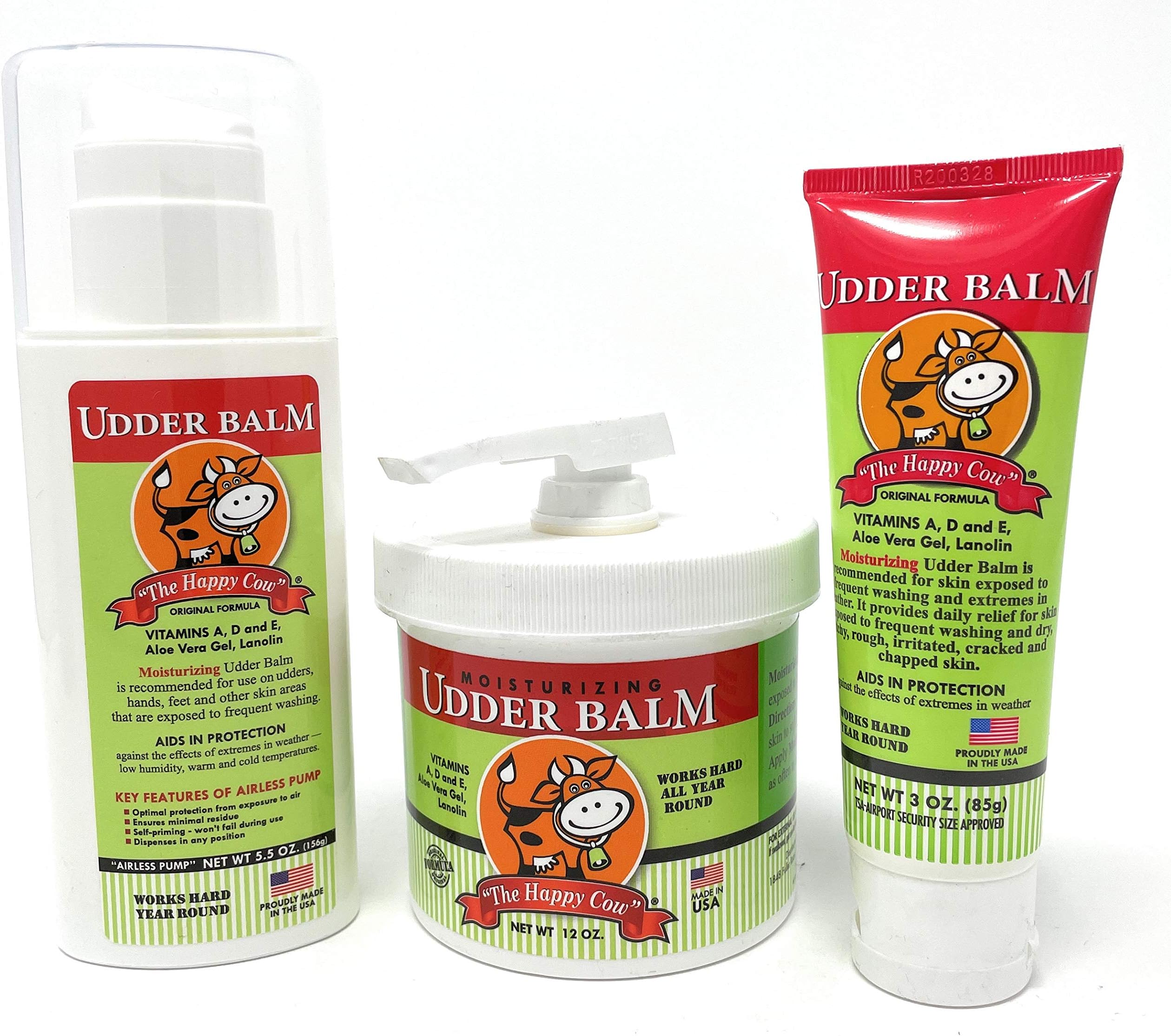 Happy Cow Moisturizing Udder Balm Hand & Body Lotion Bundle - 3-ounce TSA Approved Tube, 5.5-ounce Airless Pump, 12-ounce Pump Lid Jar