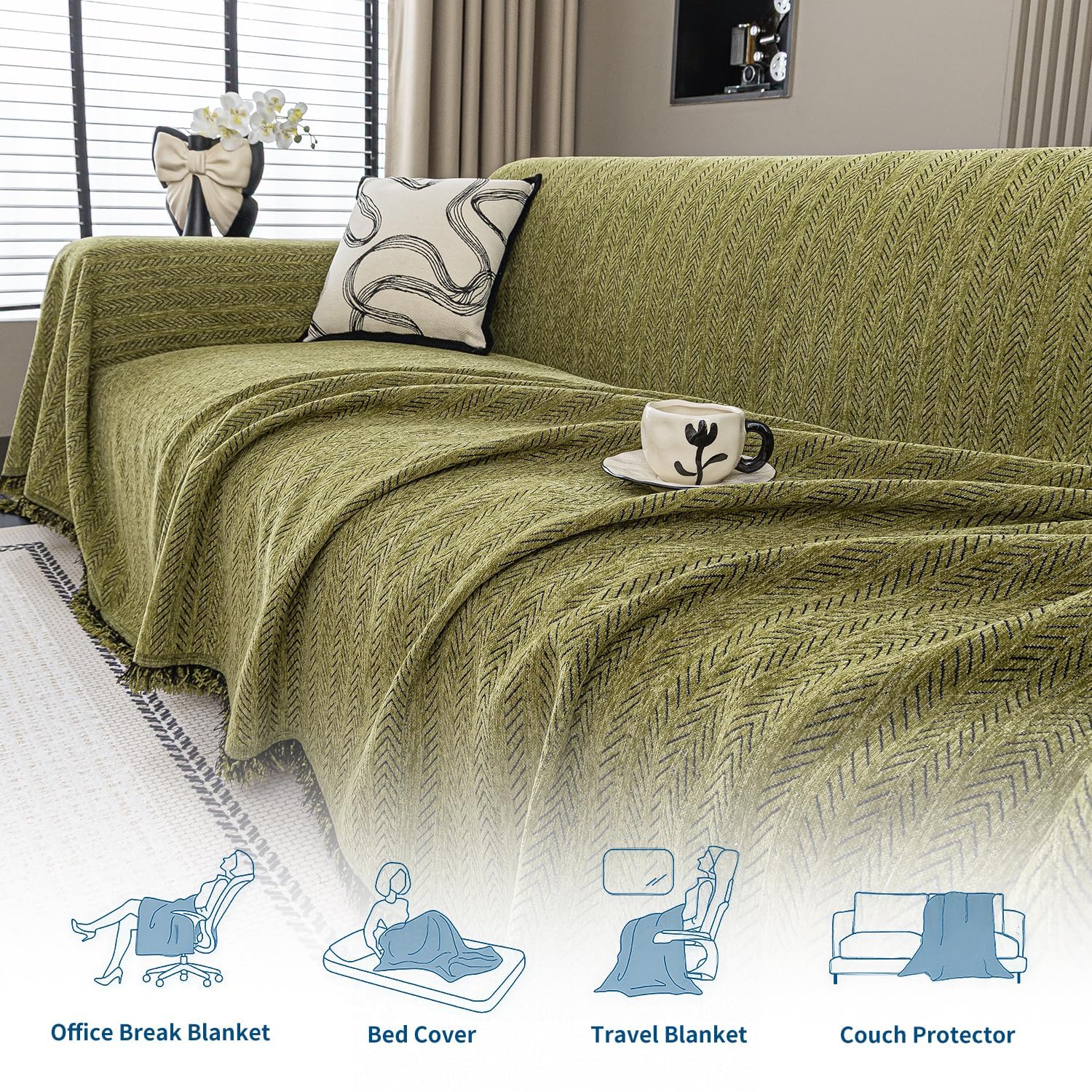 Weicher Chenille-Couchbezug, waschbar, dicke Sofa-Schonbezüge mit Quasten, Sektionsmöbelschutz, Kaffee-Weiß, 180 x 460 cm