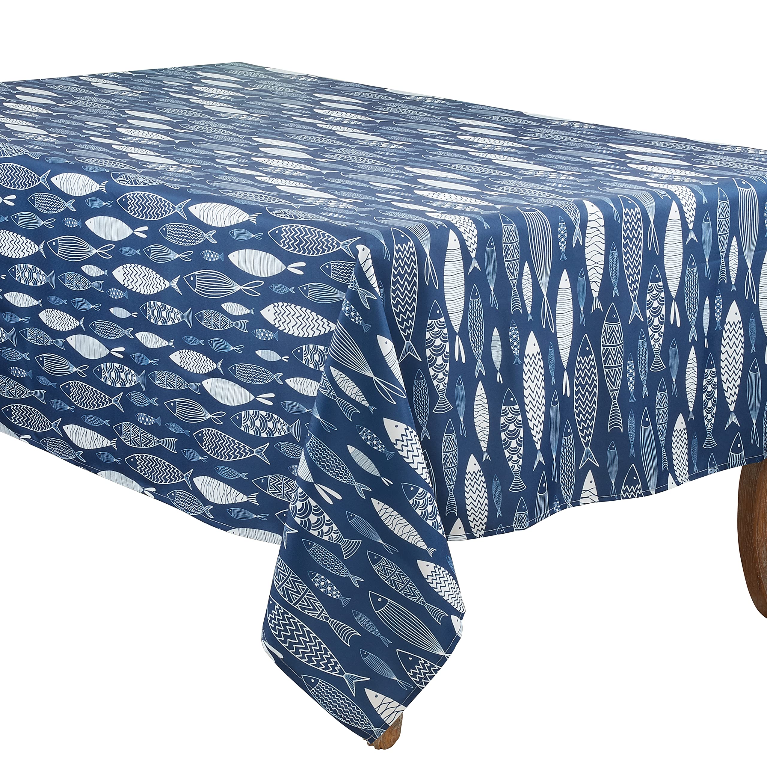 SARO LIFESTYLE School Collection Fish Design Tablecloth, 65"x104", Navy Blue