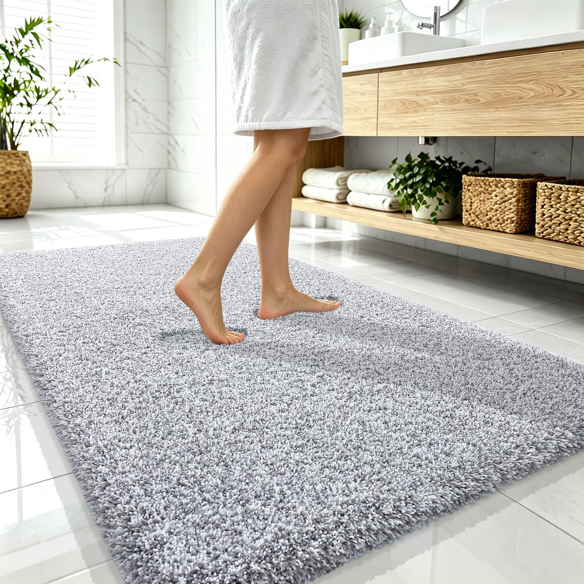 OLANLY Microfiber Bathroom Rugs 59x35, Quick Dry Bath Mat, Grey and White
