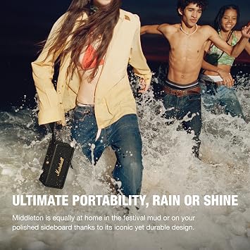 Marshall Middleton Portable Bluetooth Speaker - Rugged Waterproof/Dust-proof Design | Loud Stereo Sound, Deep Bass | Compact and Wireless for Travel and Outdoors - Black and Brass