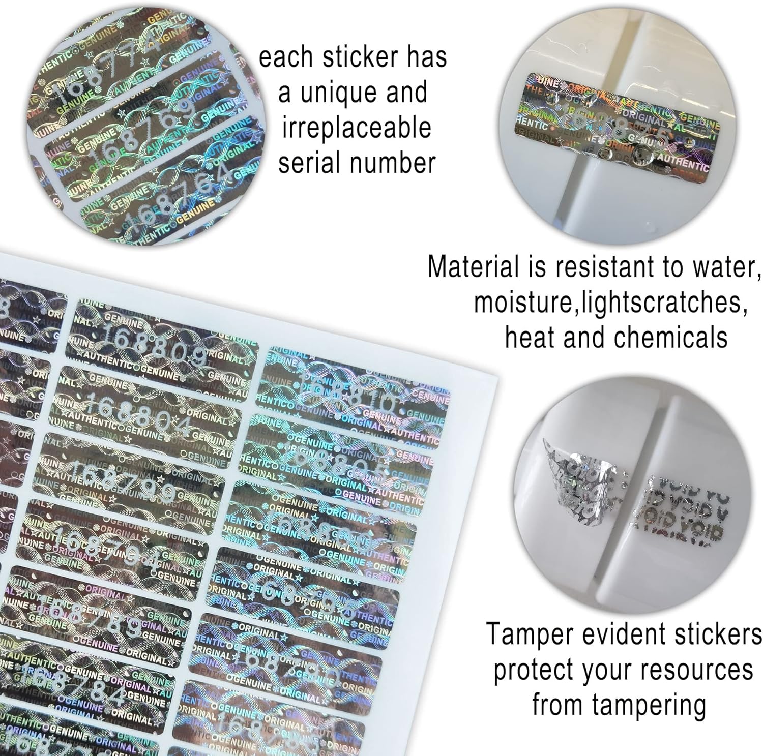 1200 pcs Tamper Proof Hologram Stickers High Security Tamper Evident Seal Warranty Void Original Genuine Authentic Holographic Labels/Stickers w/Unique Sequential Serial Numbering(Silver)