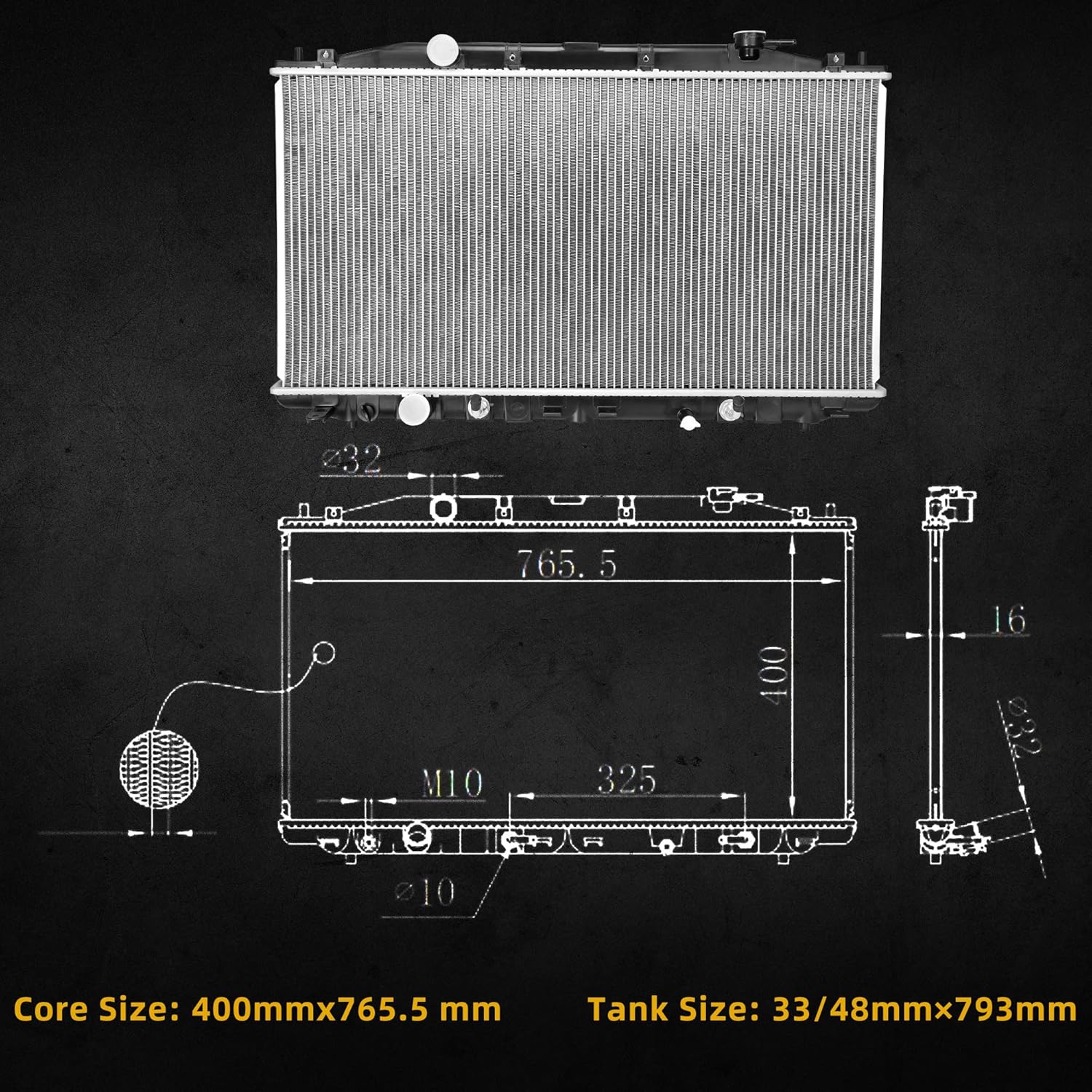 DWVO Radiator Complete Radiator Compatible with 2008-2012 Accord 2012-2015 Crosstour 2.4L L4 Aluminum Radiator, ENG K24Z2/Z2-3/Z3/Z3-375/Y2, 19010R70A51, 19010R70A53