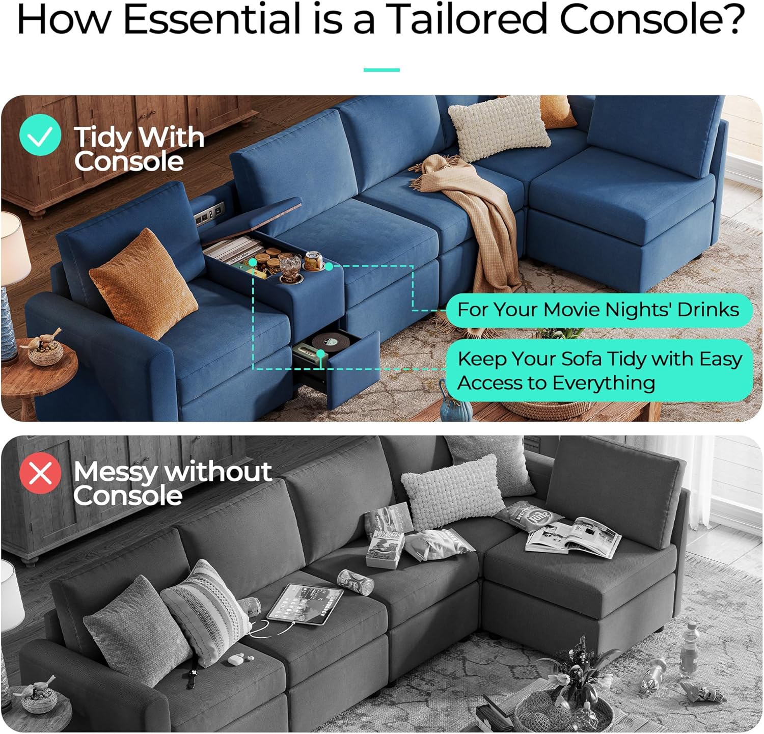 Modular sofa configurations with console