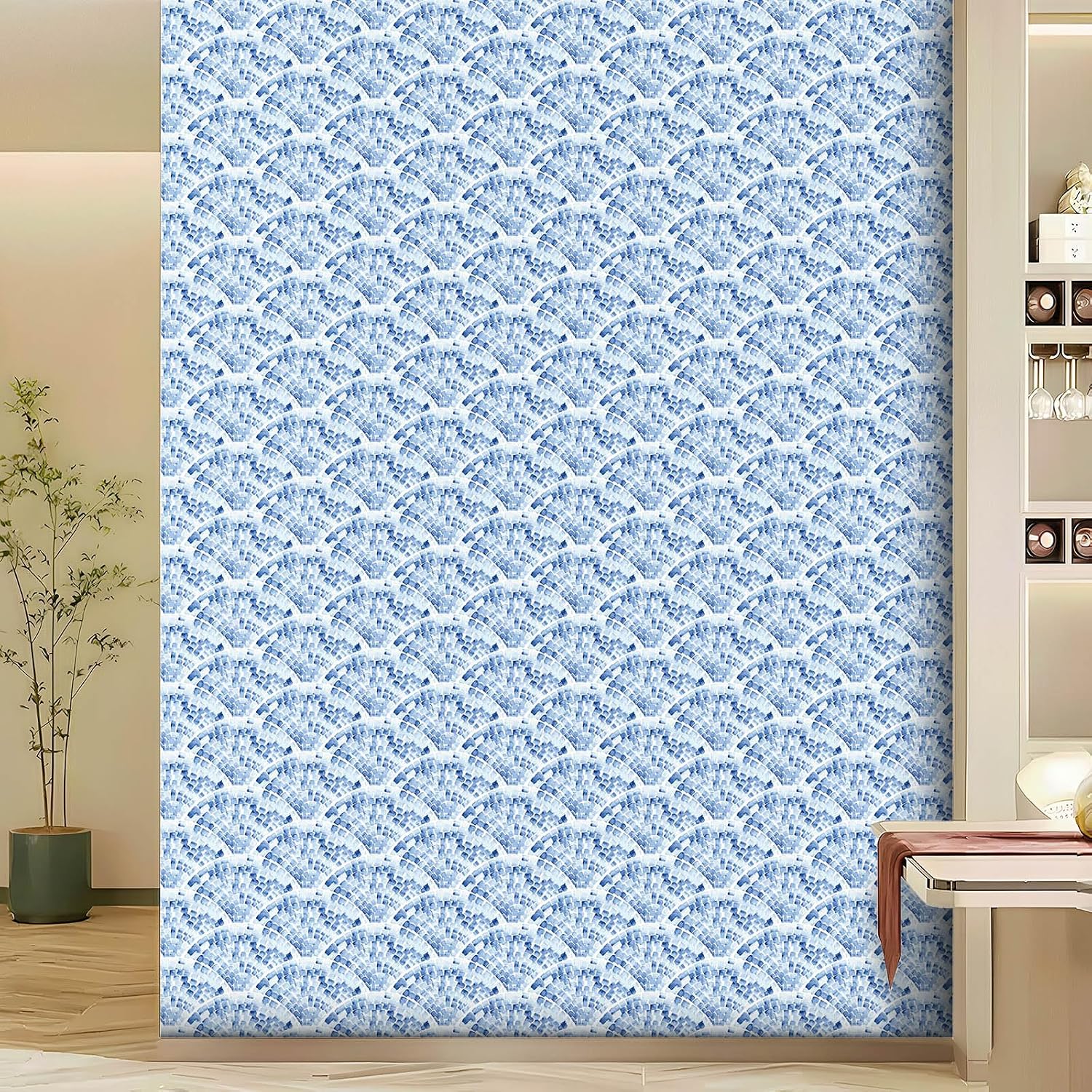 Blue Geometric Peel and Stick Wallpaper, Watercolor Scallop Self-Adhesive Vinyl Wallpaper for Home Decor – 17.7" x 118"