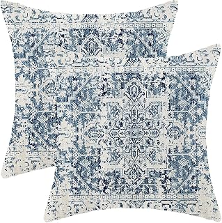 AEIOAE Boho Pillow Covers 18x18 Inch Set of 2,Carpet Pattern Throw Pillows Case,Blue White Ethnic Design Outdoor Decorative Square Linen Farmhouse Decor Cushion Covers for Home Sofa Bed Couch