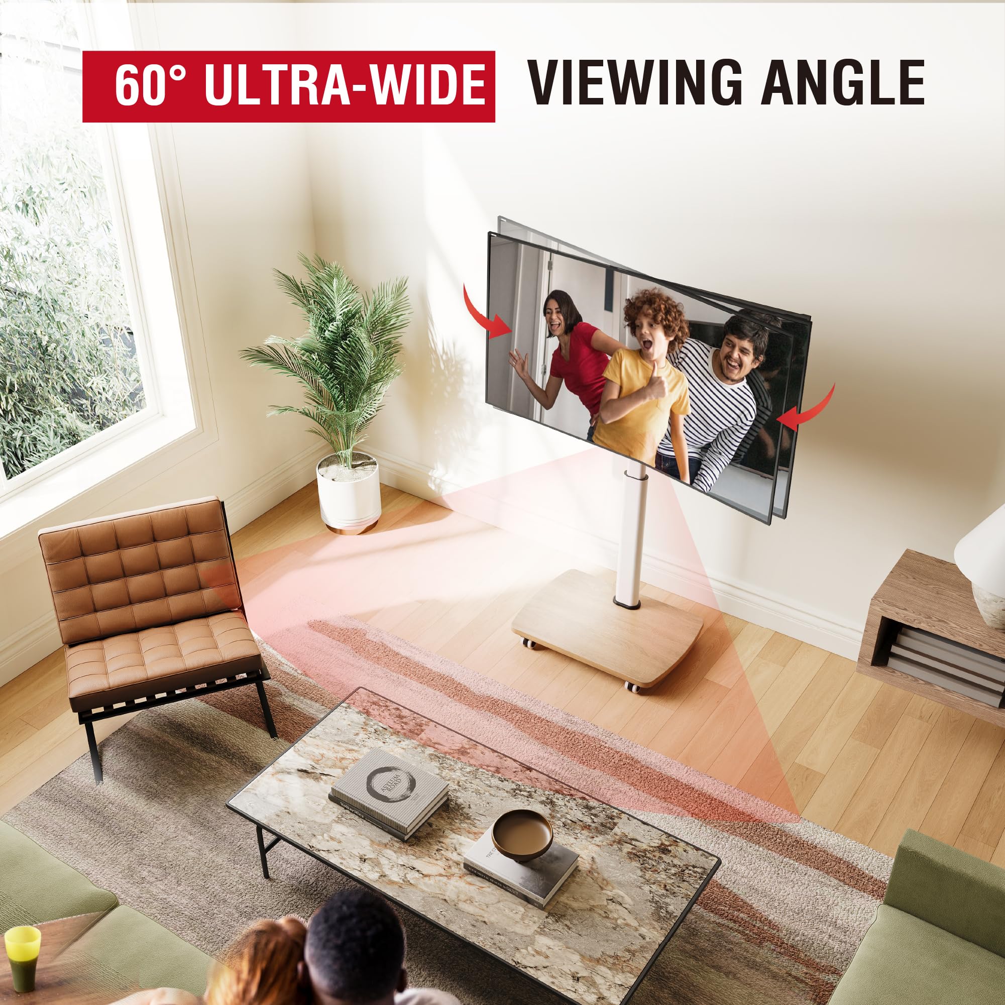 AOKCOS Mobilny stojak na telewizor na kółkach z drewnianą podstawą do telewizorów 81.3-165.1 cm, stojak podłogowy pod telewizor z regulacją wysokości, obrotowy tlit, maks. do 40 kg, VESA 400 x 400 mm