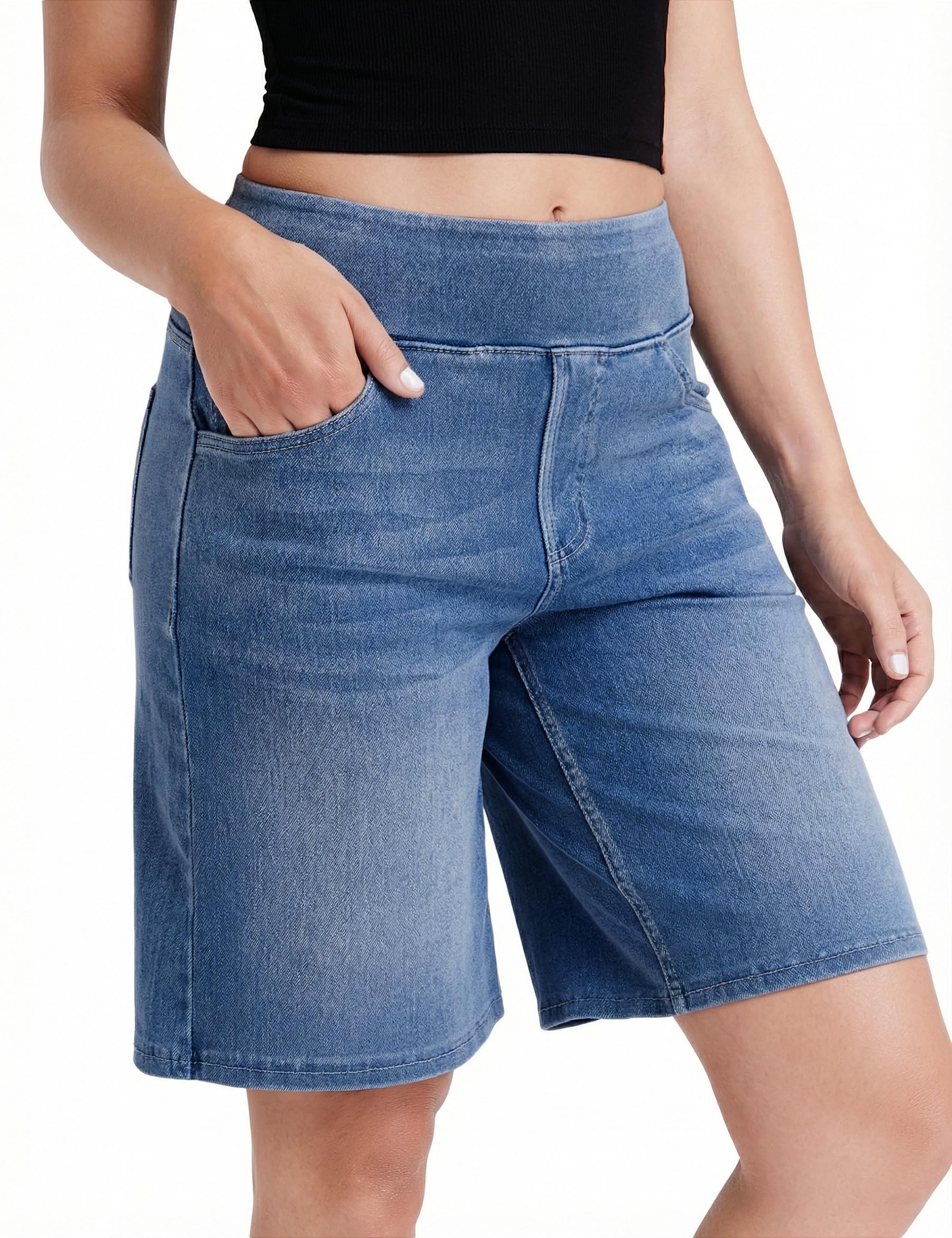 Fengbay Short en jean pour femme - Bermuda - Longueur genou - Baggy - Taille élastique - Short en jean décontracté - Short d'été