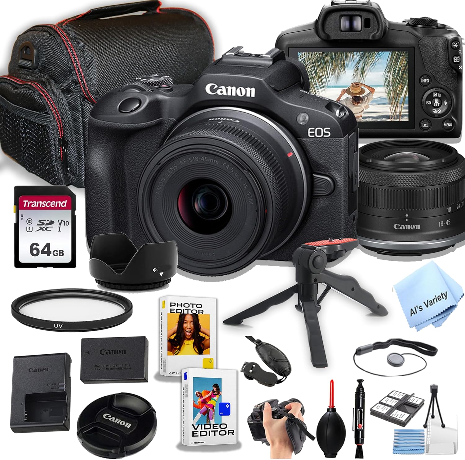 Canon EOS R100 Mirrorless Camera with 18-45mm Lens+ 64GB Memory, Case, Gripster Tripodpod, and More (26pc Bundle) (Renewed)