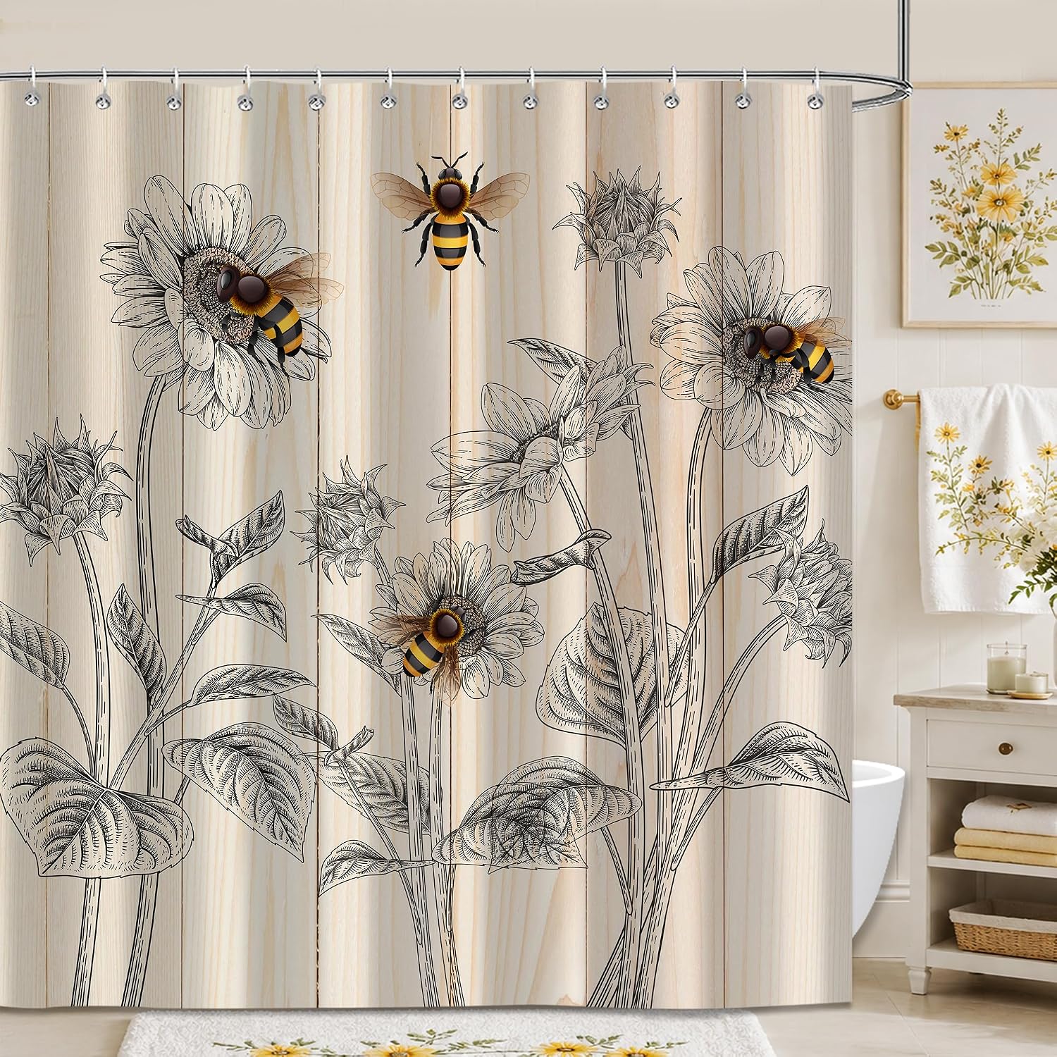 Moonslim Bee Shower Curtain Set 72Wx78H, Country Farmhouse Honeybee Flowers Floral Sunflower Plant Leaves Shower Curtains Set Bathroom Decor, Waterproof Fabric with 12 Hooks Accessory