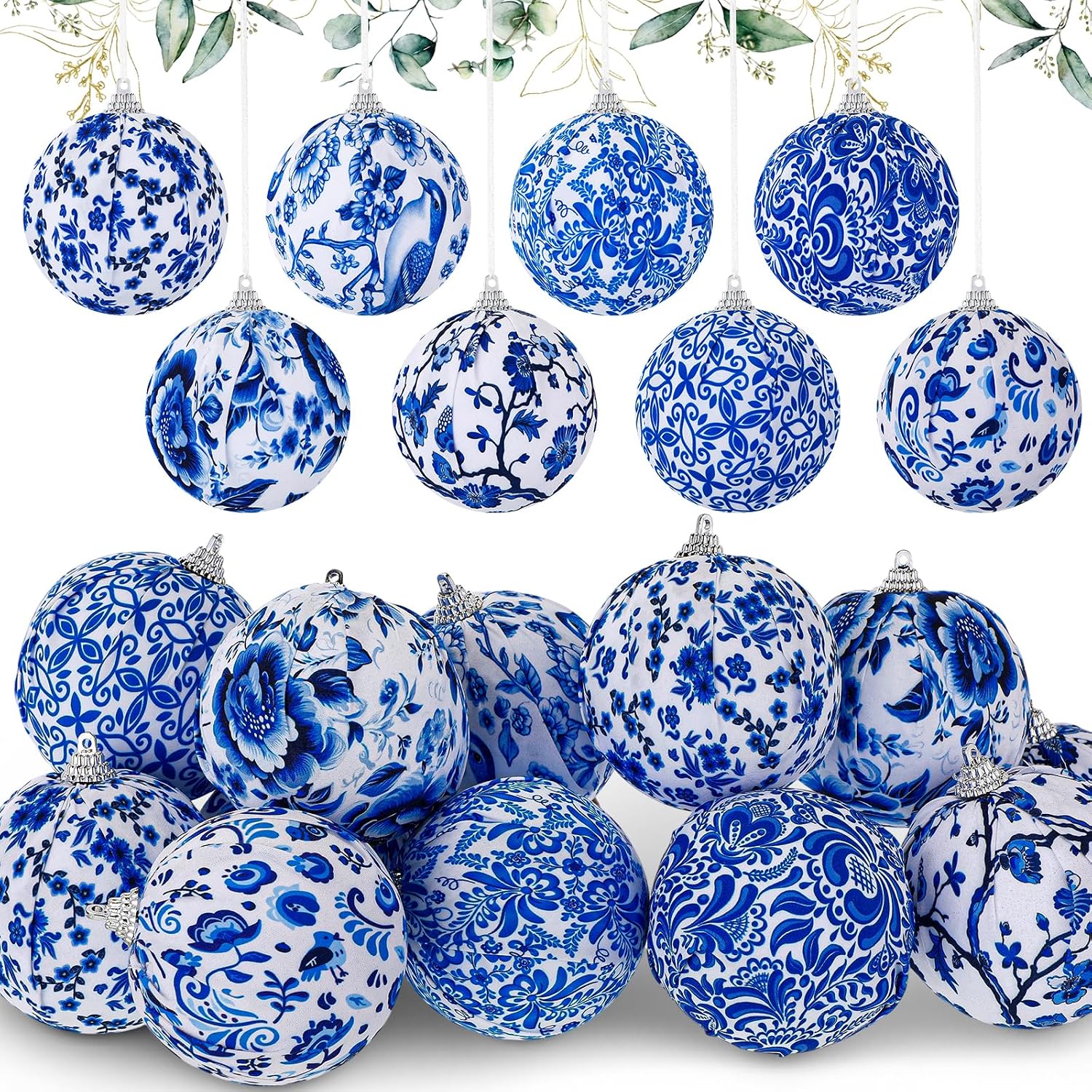 Soulchen 16 Pack 3 Inch Blue and White Chinoiserie Ball Ornaments Fabric Wrapped Hanging Decor for Christmas in July, Party Supplies, Vases, Table and Wedding Decoration