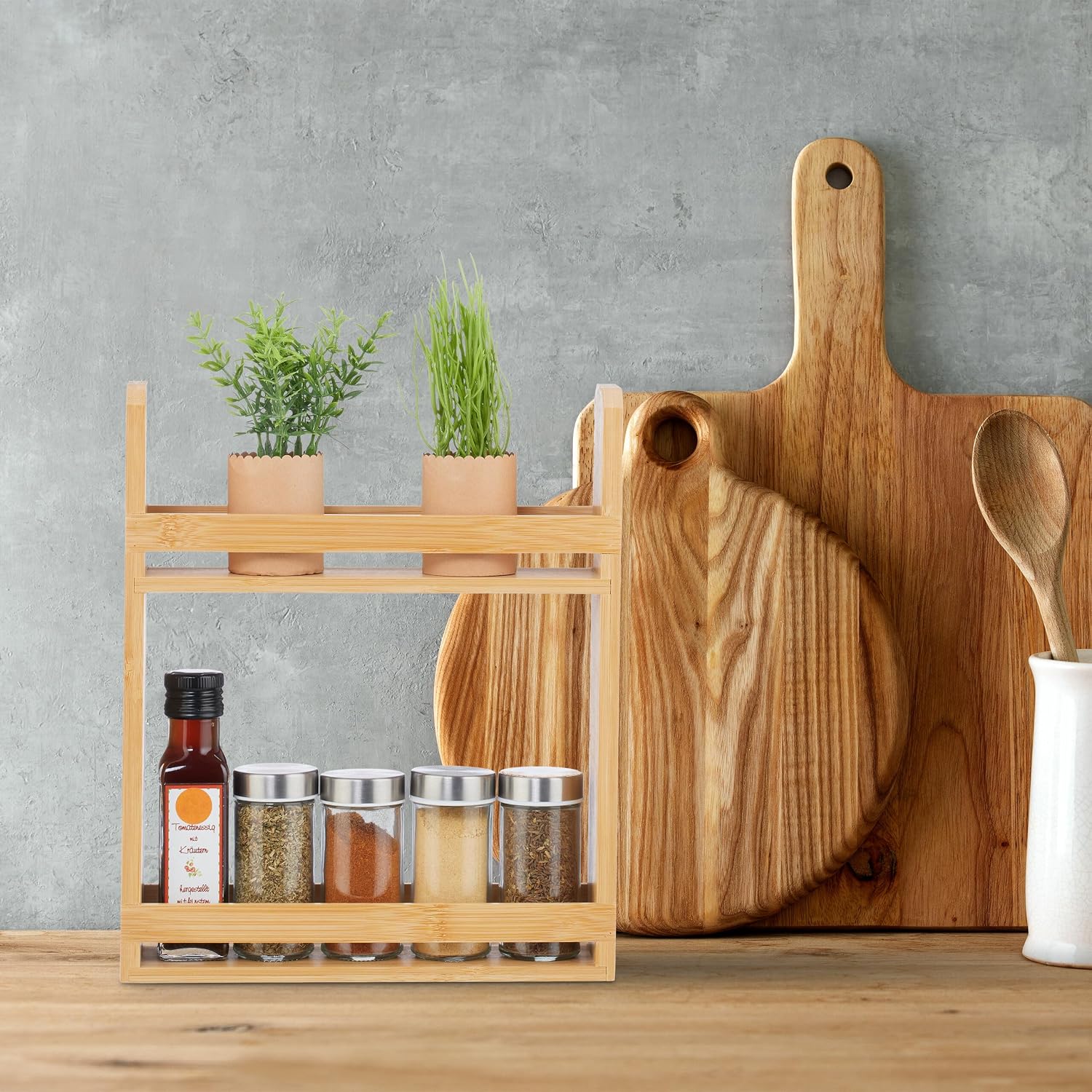Relaxdays Bamboo Spice Rack, H x W x D: 30.5 x 25.5 x 6.5 cm, 2 Tiers, Spice Storage, Standing, Spice Rack, Natural image 2