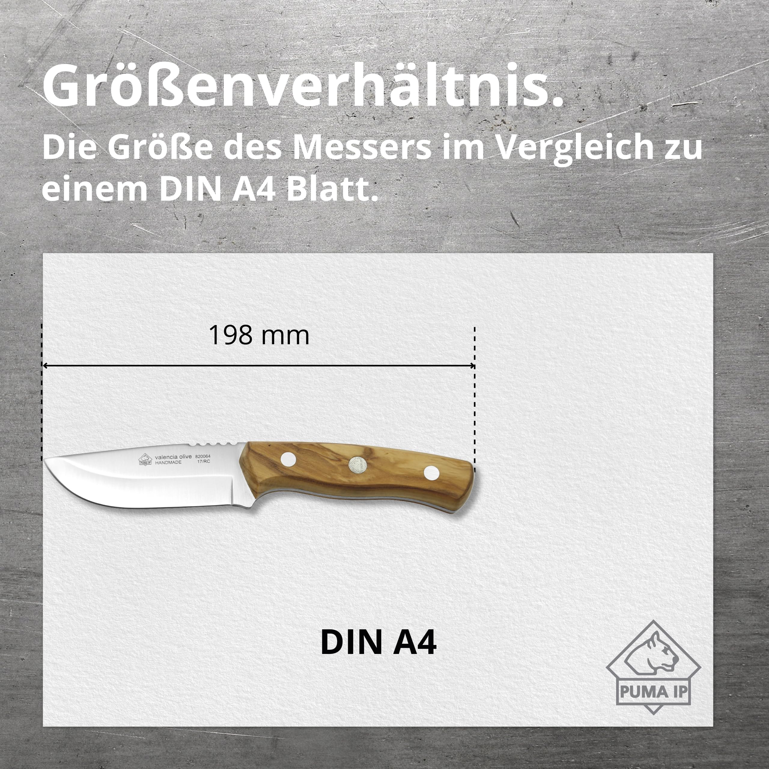PUMA IP – Valencia Olive - Feststehendes Jagd & Outdoormesser - 88mm robuste Full-Tang-Klinge aus deutschem Stahl (1.4116, 55-57 HRC) - Griff aus Olivenholz – mit Sattellederscheide (Art.Nr.: 820064)