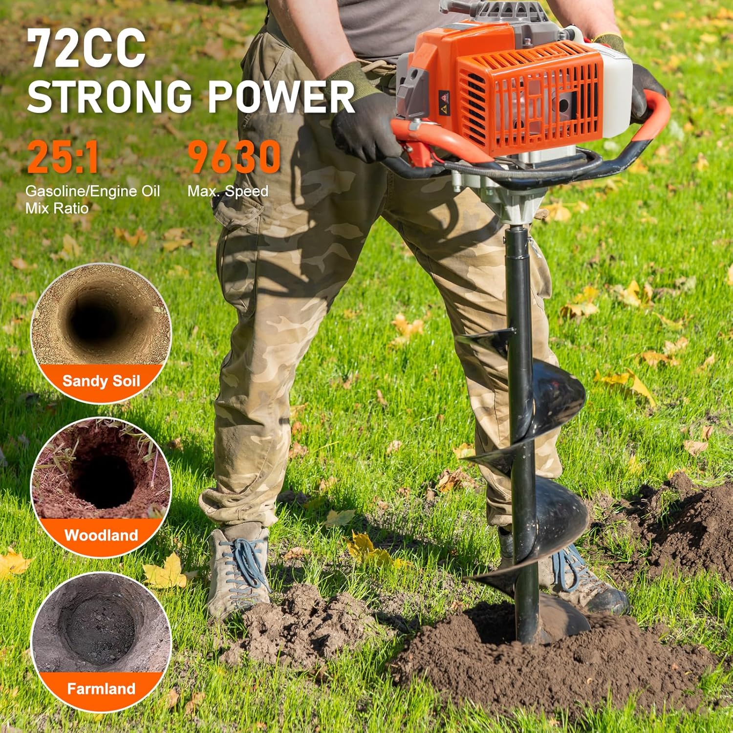 72CC Auger Post Hole Digger, 2 Stroke Gas Powered Earth Post Hole Digger with 3 Auger Drill Bits(4" & 6" & 12") + 2 Extension Rods for Farm Garden Plant, Orange (72cc+3 Auger(4"6"12")+2 Ext)