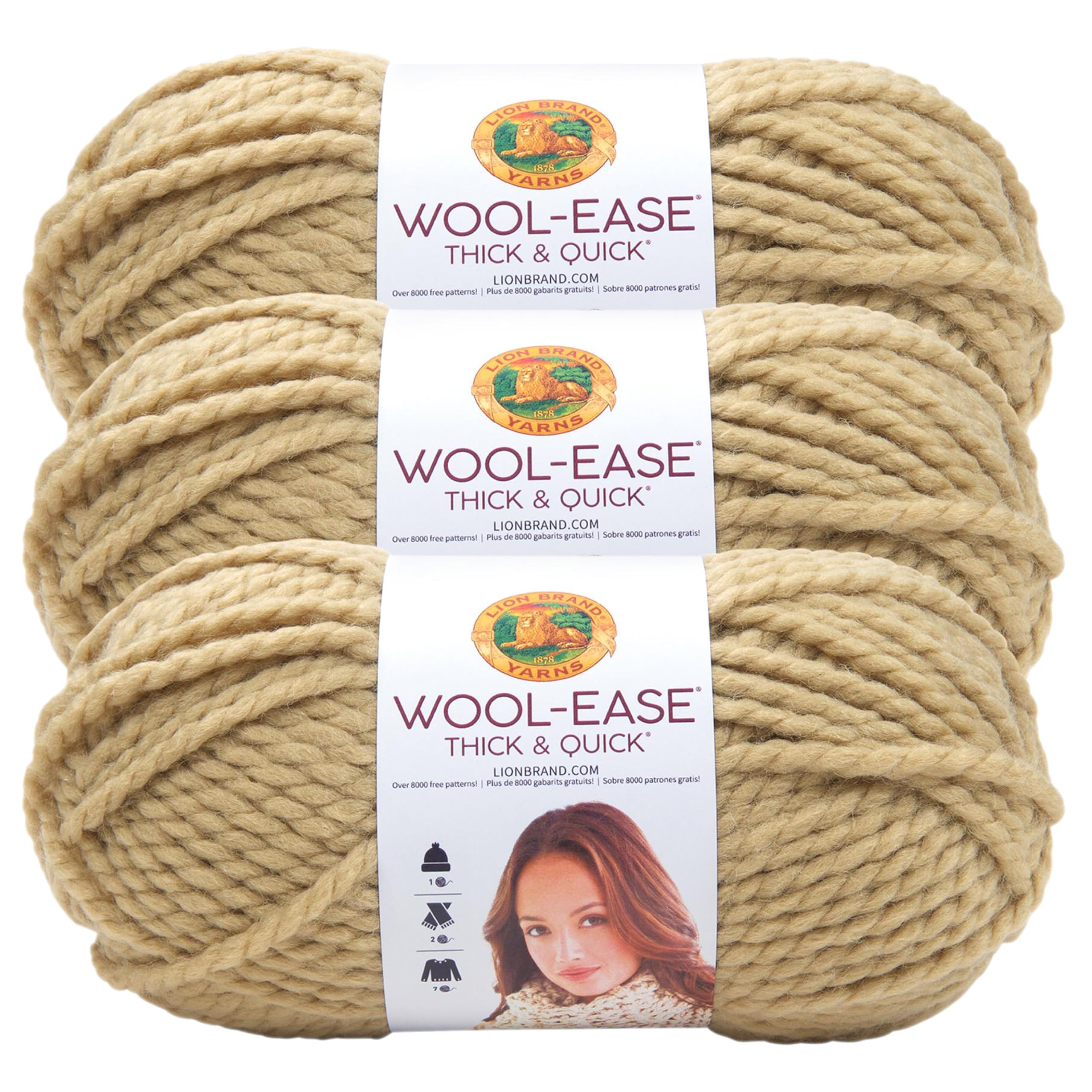 Lion Brand Yarn, Wool-Ease Thick &amp; Quick Yarn, Peanut, Tan Brown, 3 Pack