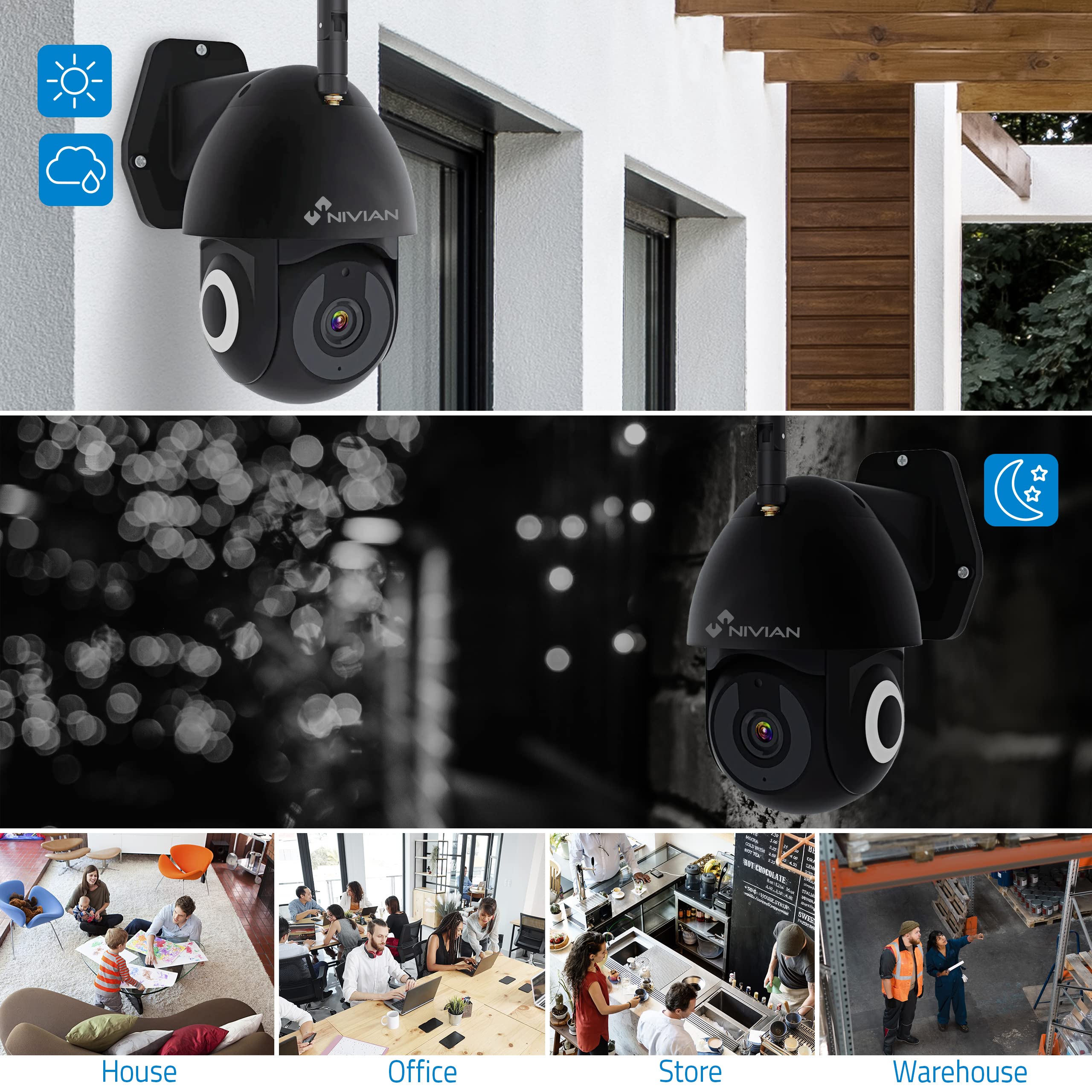 Nivian-Cámara PTZ Wifi 2,4Ghz-2K-Movimiento remoto 360º con función Autotracking y detección de humanos-Visión nocturna 10m-Apta exterior-Compatible con Alexa y Google Home–Control remoto con APP Tuya
