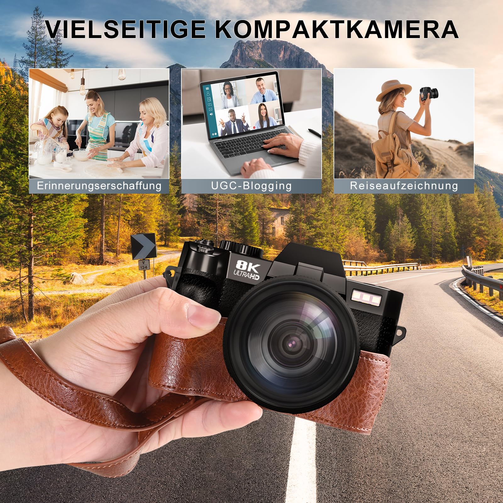 8K & 64 MP Digitalkamera für Foto & Video – 16-facher Zoom, WLAN, 180° Flip-Display, Autofokus, Bildstabilisierung, Weitwinkel & Makroobjektiv, Webcam-Funktion, inkl. PU-Ledertasche (Schwarz)