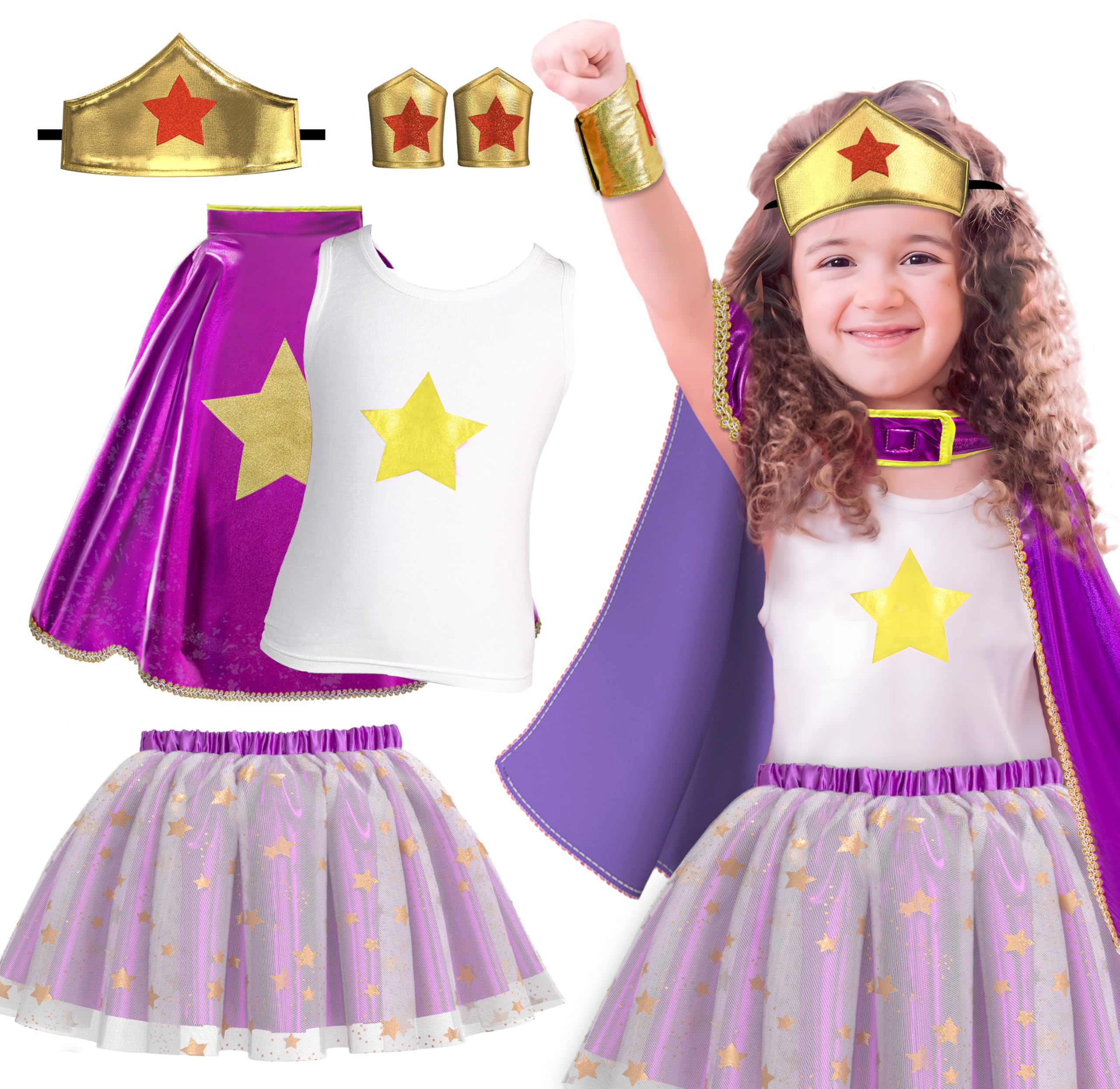 iROLEWIN Wonder Star Superhero-Costumes for Girls Dress-Up Super-Hero-Capes for Kids Tiara Tutu as Christmas Birthday Gifts