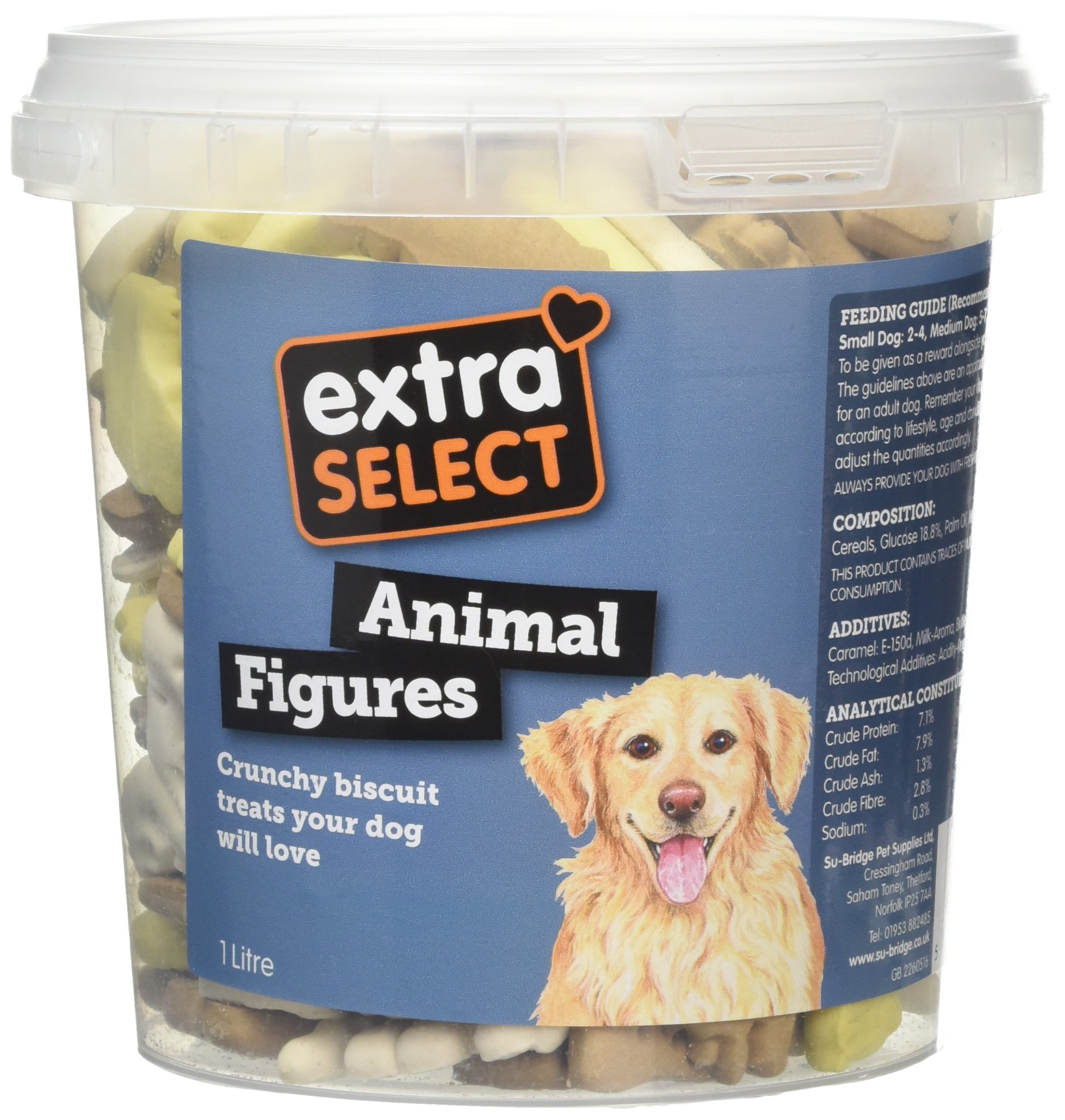 Extra Select 3 Colour Animal Figure Dog Treat Biscuits in a 1ltr Bucket (approx 130 biscuits)