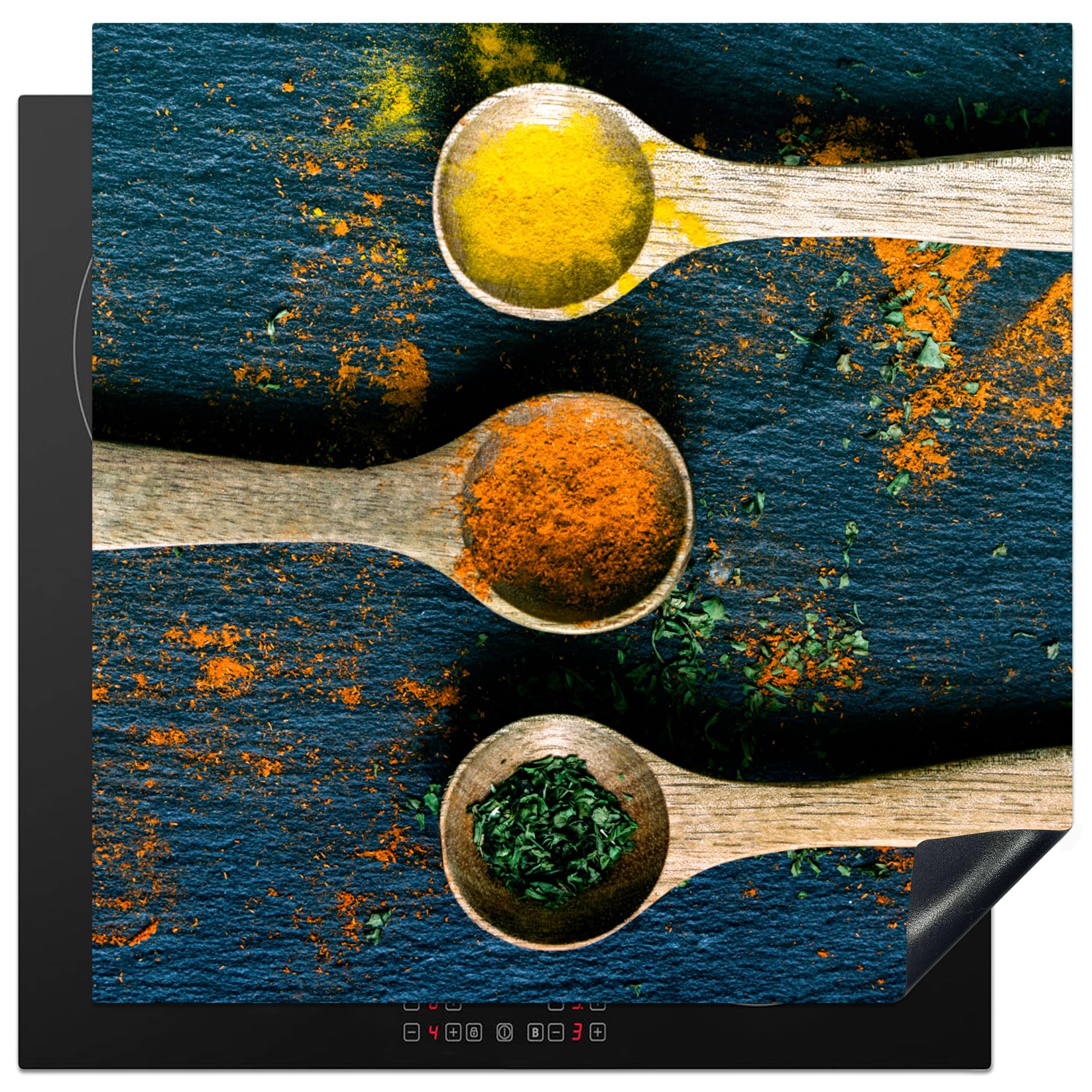 KitchenYeah© Induction Hob Protector Mat 30.7"x30.7" / 78x78 cm Stove Cap Top Cover Kitchen Cooker Covers for Electric Hobs Vinyl Spices - Spoon - Herbs - Brown - Yellow - Green