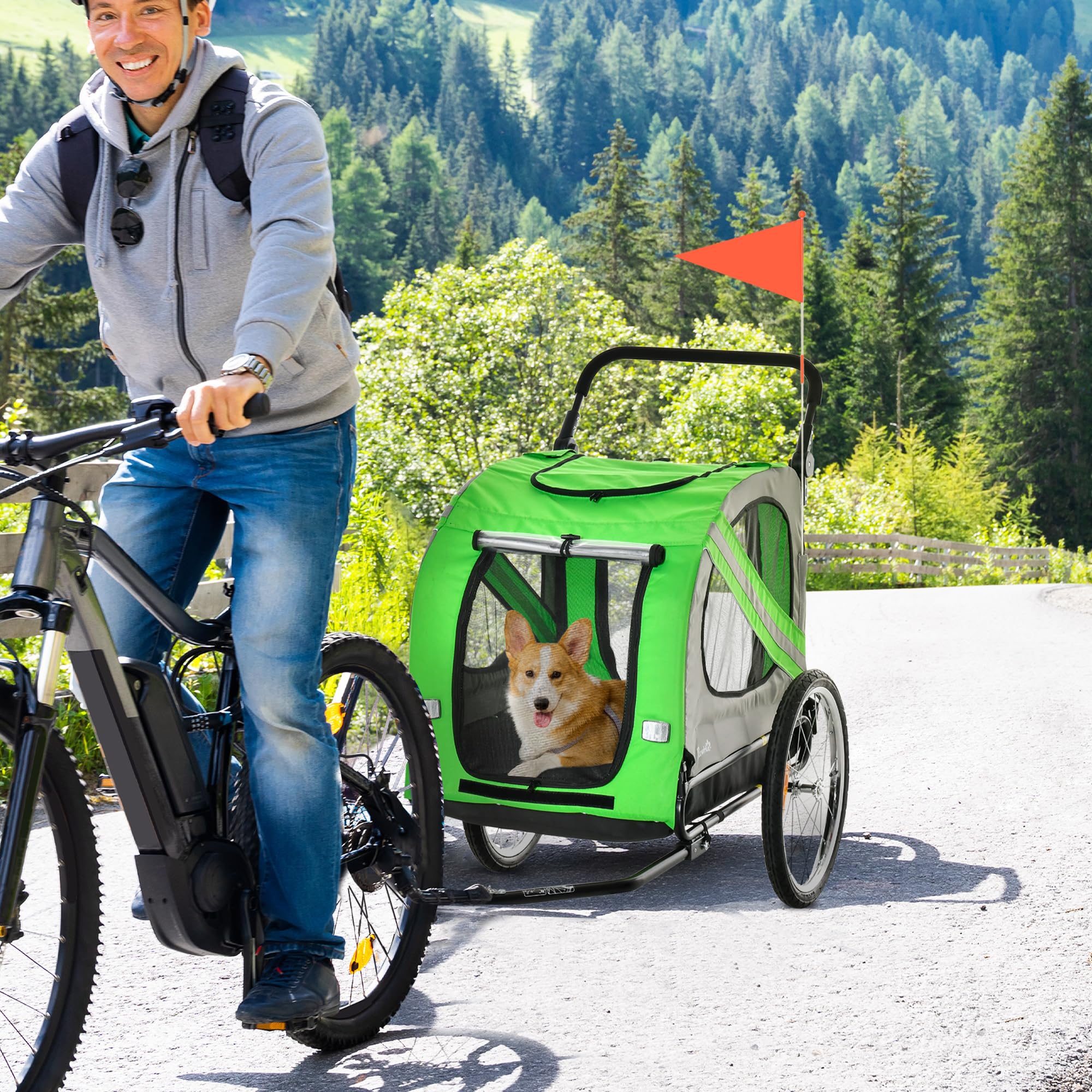 PawHut Rimorchio Bici e Passeggino per Cani 2 in 1, Carrello Bici in Acciaio e Tessuto Oxford con Catarifrangenti e Bandierina