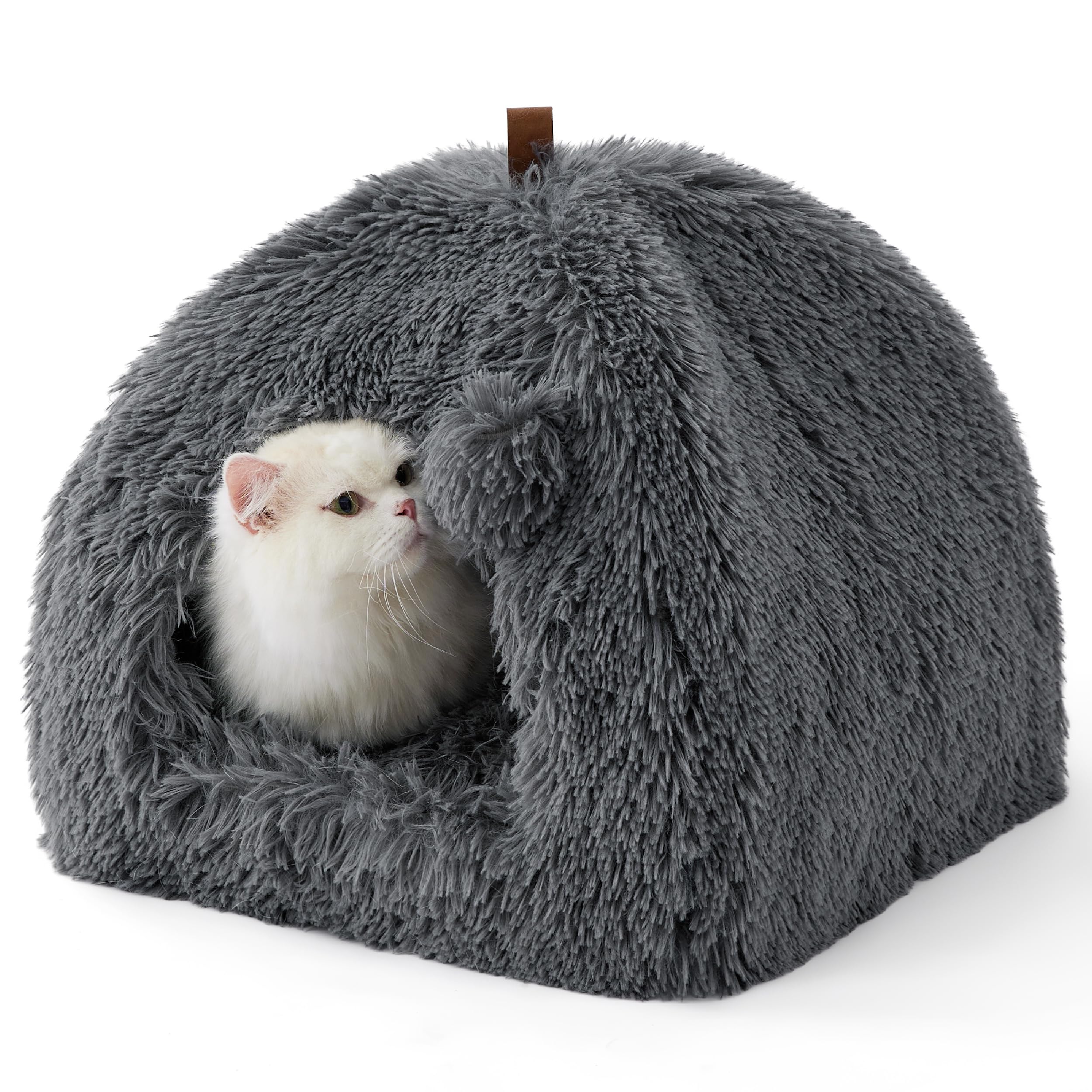 Bedsure Cat Cave Bed Igloo - Fluffy Cat Bed House with Removable Washable Cushion Pillow Foldable Portable Pet Bed, 40x40x40cmοΌDark Grey