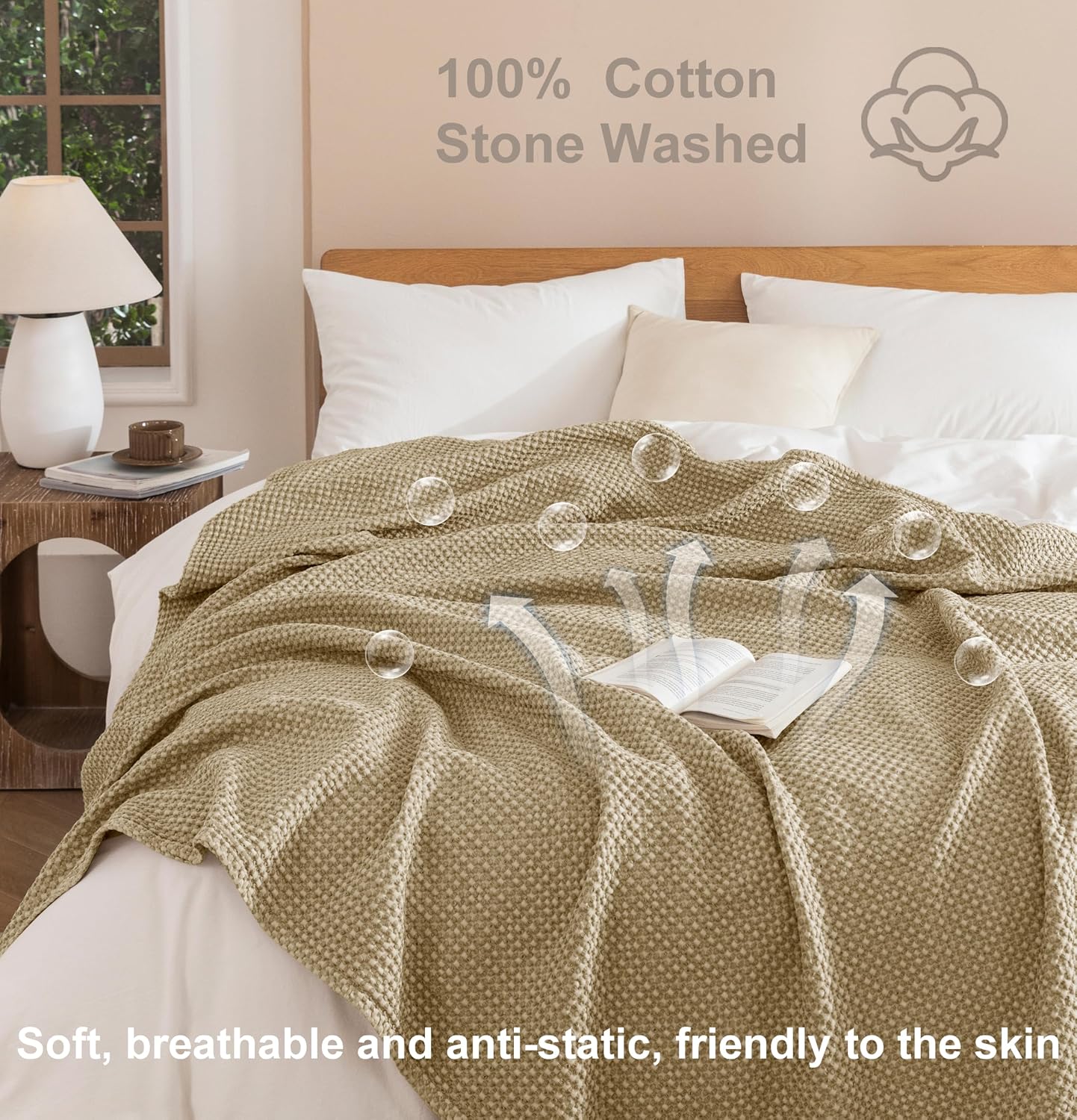 Talasily 100% Cotton Blanket Queen Size for Bed – Spring and Summer Cooling Lightweight & Breathable Bedding -Soft Waffle Weave Christmas Blanket, Machine Washable,Warm Brown,90×90 Inches