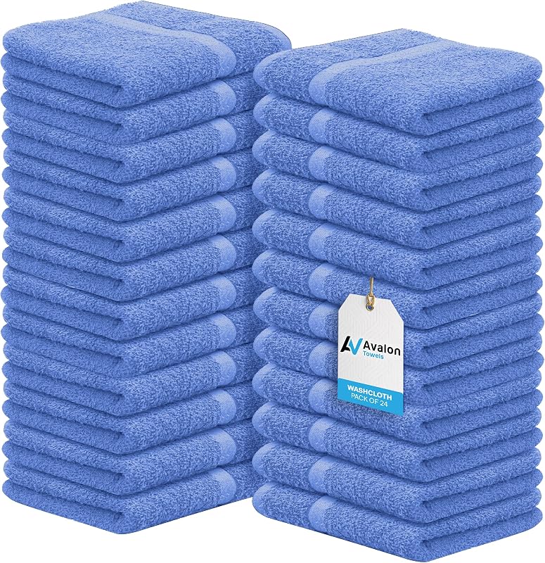 Avalon Towels Paños de lavado para ducha, paquete de 24 toallas faciales 100% algodón, paños azules, trapos de lavado de 12 x 12, toalla facial, toalla con la punta de los dedos, trapos de baño