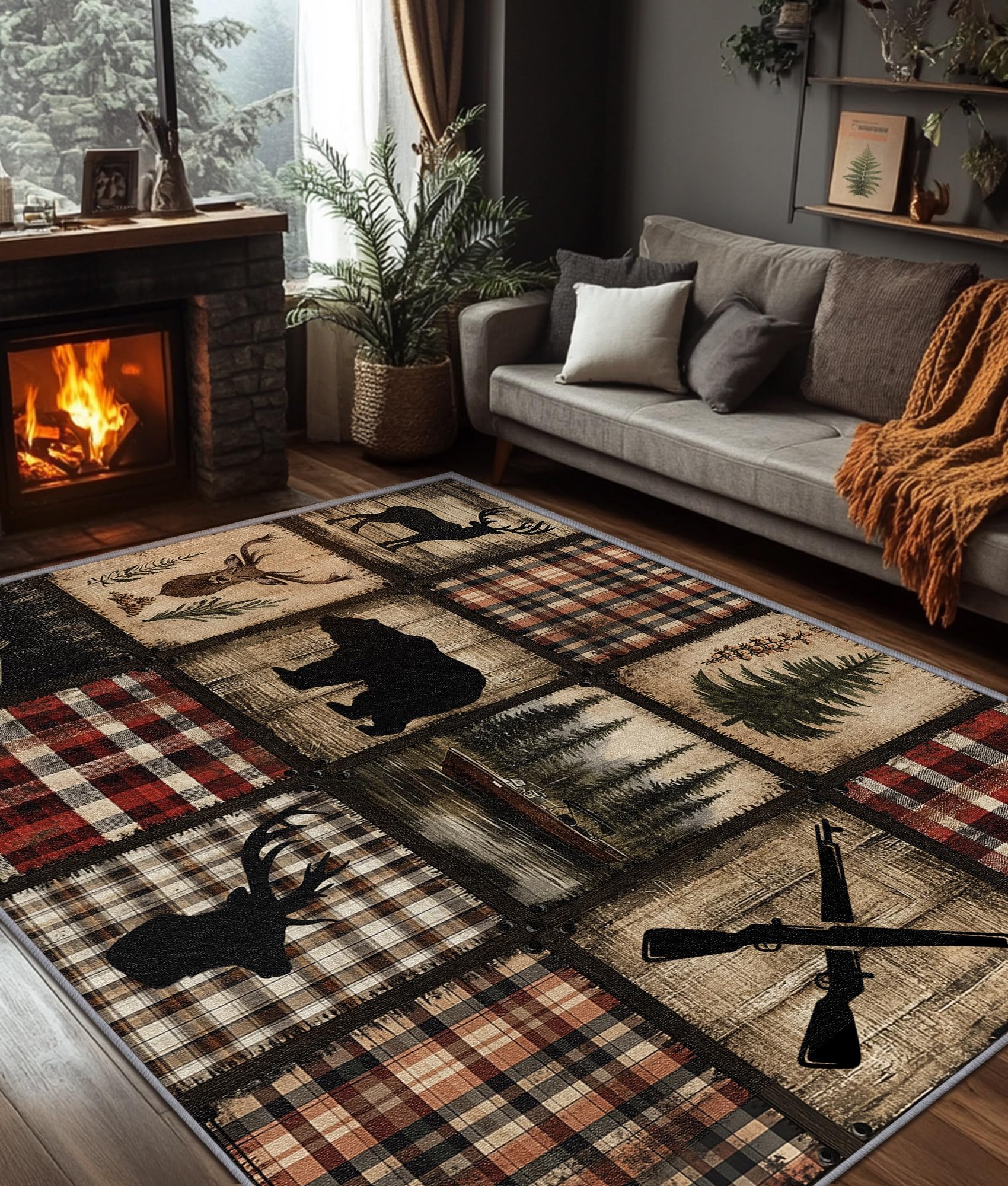 SherAvant Cabin Rugs for Living Room - 8x10-2x3 - Lodge Bear Deer Rustic Patchwork Area Rug - Forest Lake Plaid - Wildlife Distressed Carpet - Home