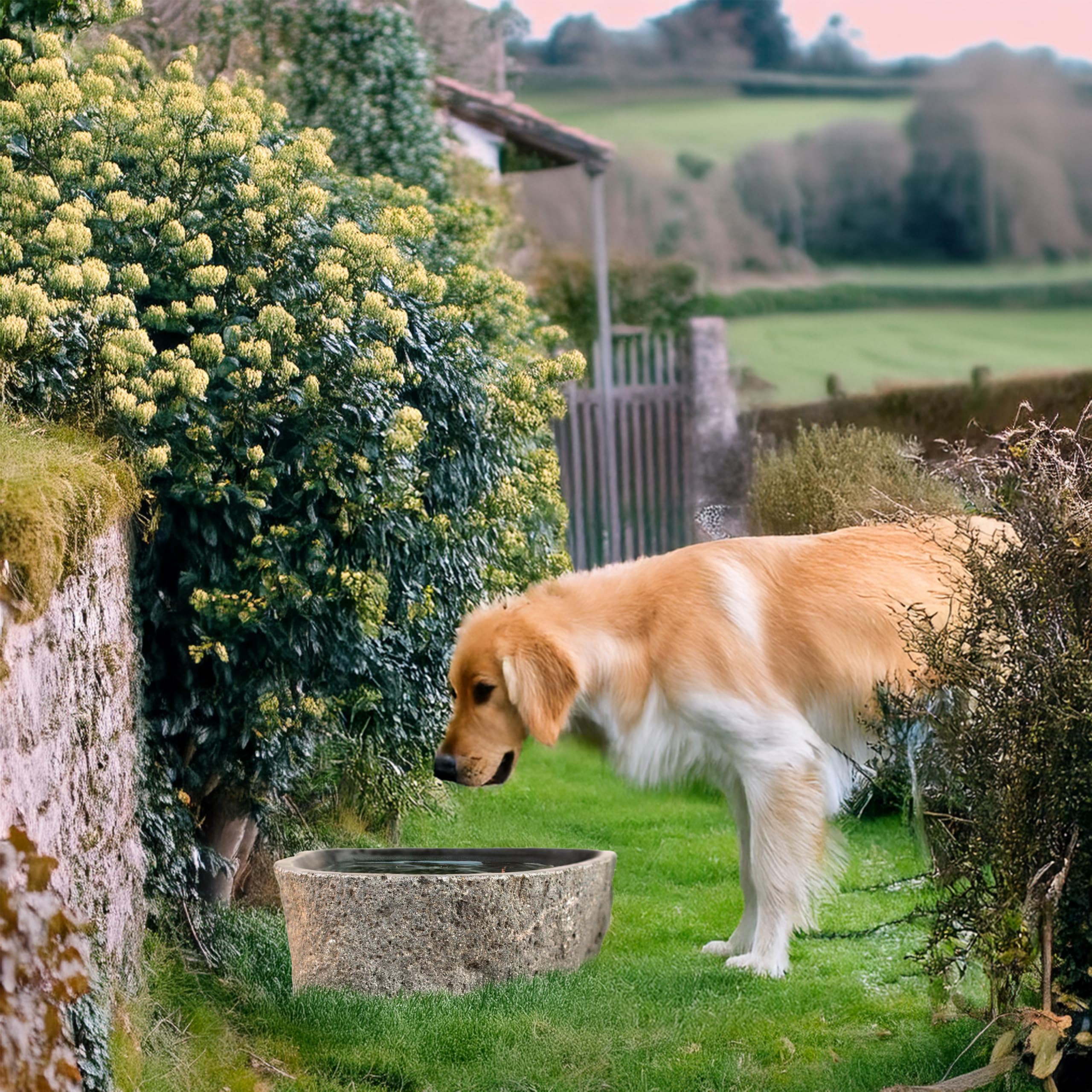 Steintrog Vogeltränke - Tier-Wassernapf aus Naturstein - Handgefertigte Schale - für Vögel, Hunde & Katzen - Frost- & Wetterfest - Garten Deko Wasserschale (Massiv)