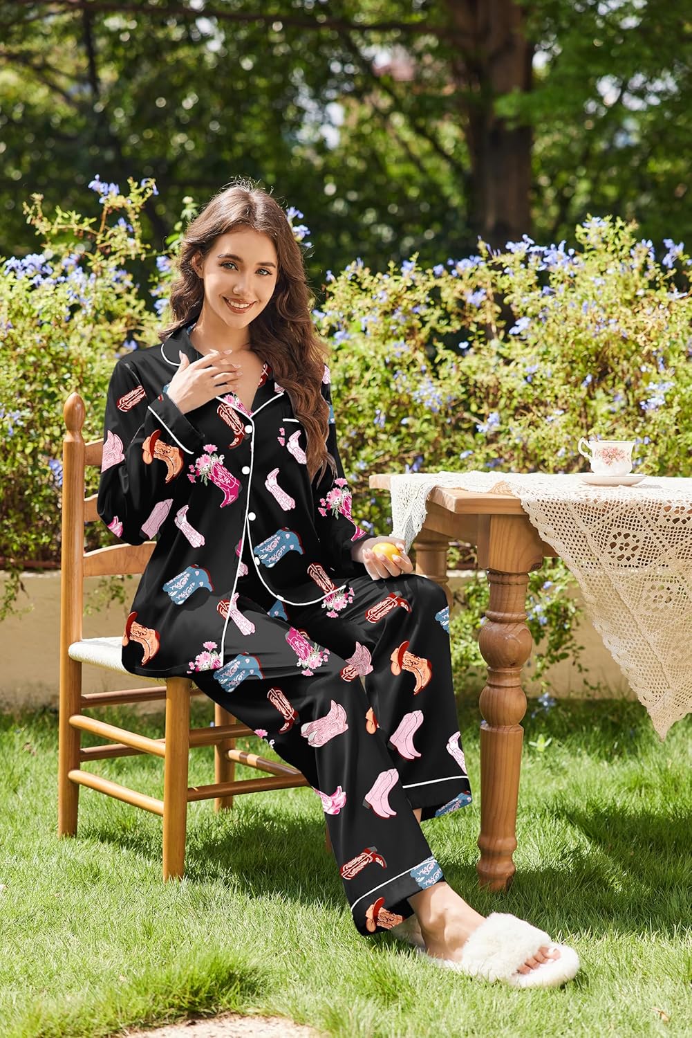 Ekouaer Womens Satin Pajama Set Classic Pattern Silky Pj Sets Button Down Sleepwear Loungewear - Image 5