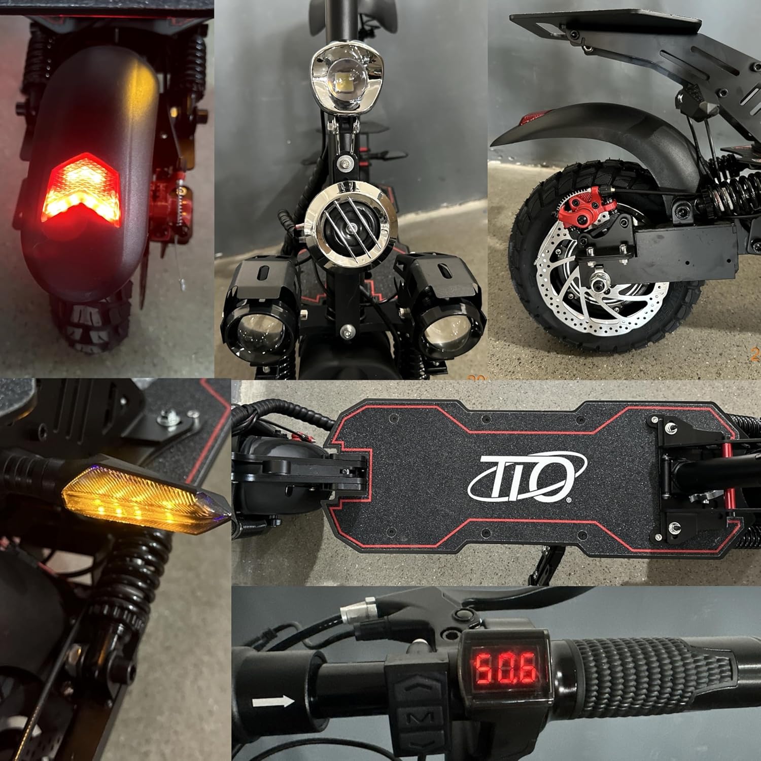 Collage of TIO Turbo MAX Electric Scooter details: rear light, front lights, disc brake, turn signal, anti-slip deck, handlebar controls, front suspension, and side lights.