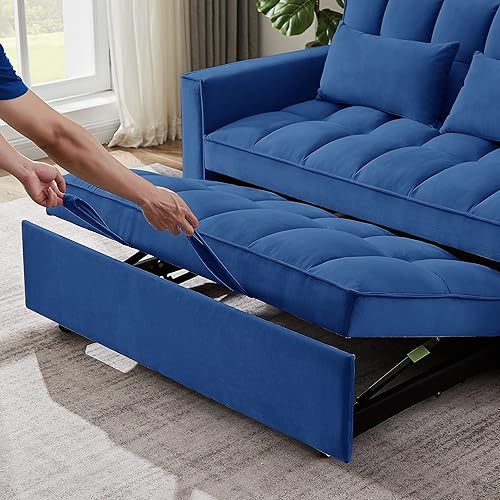 Miniatura 84 de Sofá cama biplaza de terciopelo convertible y moderno con cama desplegable, respaldo ajustable y 2 almohadas lumbares, para espacios pequeños (gris