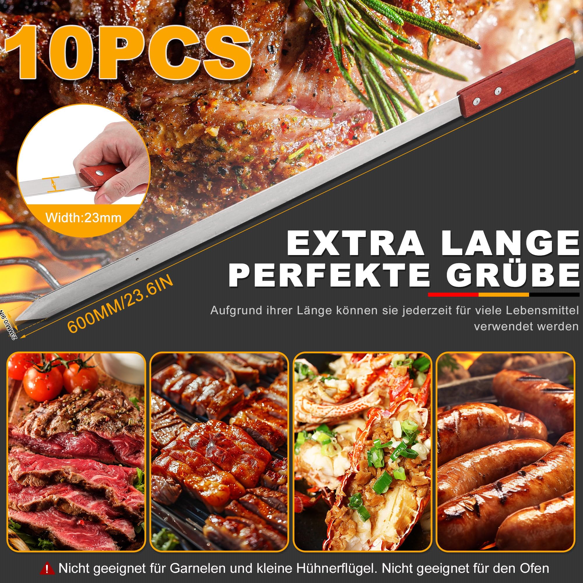 10 Stücke Flache Adana Spieße Edelstahl - 60cm Extra Lange Schaschlikspieße mit Holzgriffen & Schutzkappen - Wiederverwendbares Grillspieße Grillzubehör für Grillbesteck, Fleisch und Gemüse