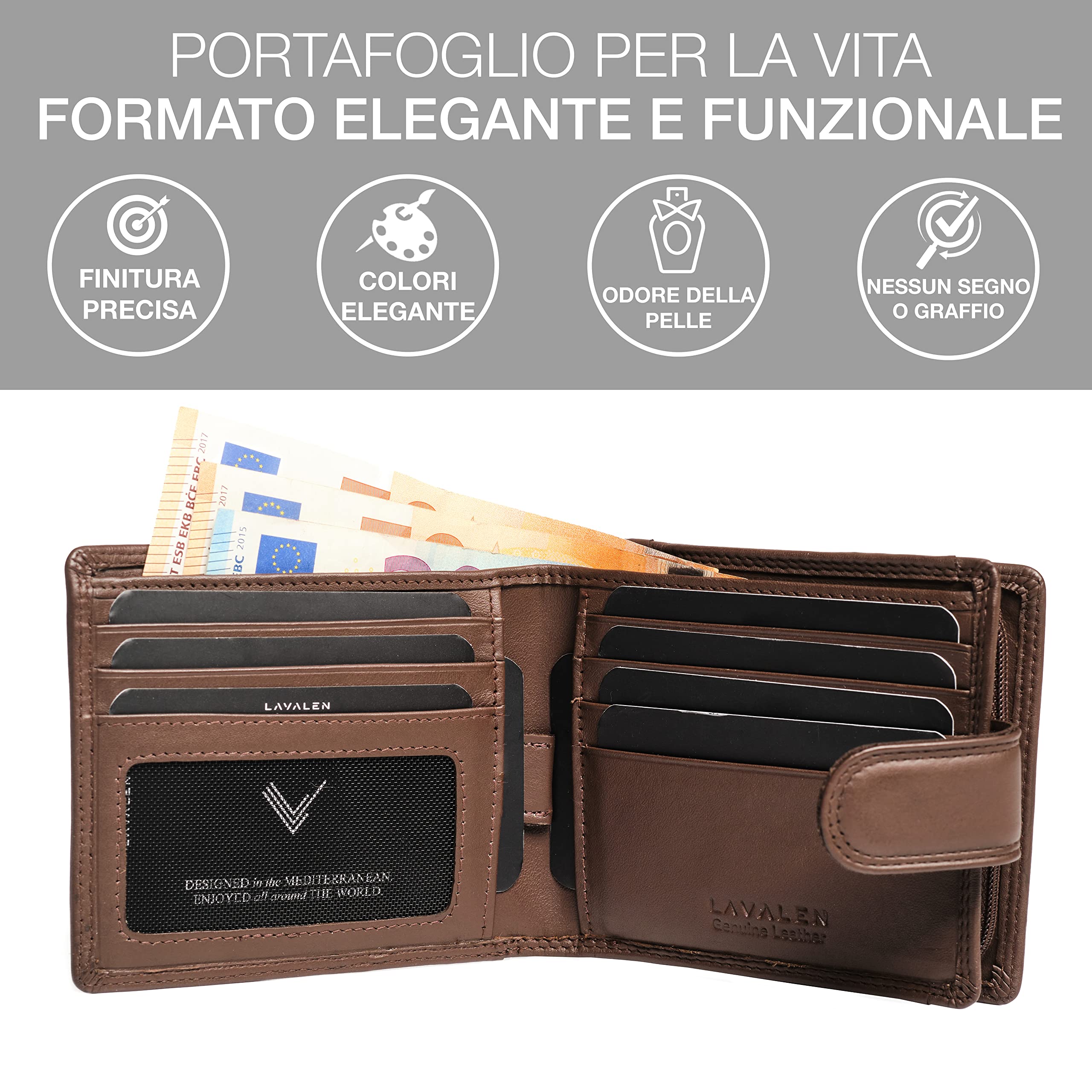 Lavalen® Portafoglio Uomo Pelle Vera con Blocco RFID - Portamonete Uomo con Cerniera Fatto a Mano - Portafoglio Ragazzo Grande Capacità - Portafoglio Porta Carte di Credito Regalo Uomo Perfetto.